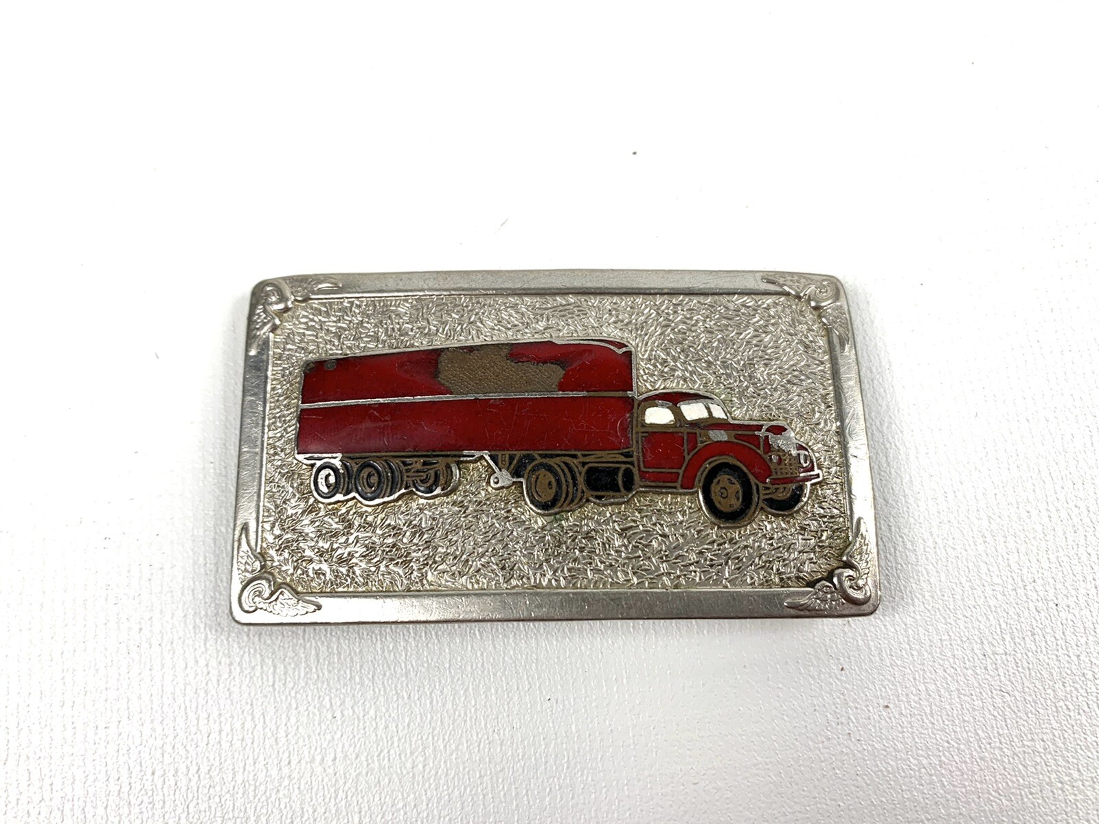 Vintage DECO Red TRACTOR TRAILER Big Rig TRUCK BELT BUCKLE Hook Fast
