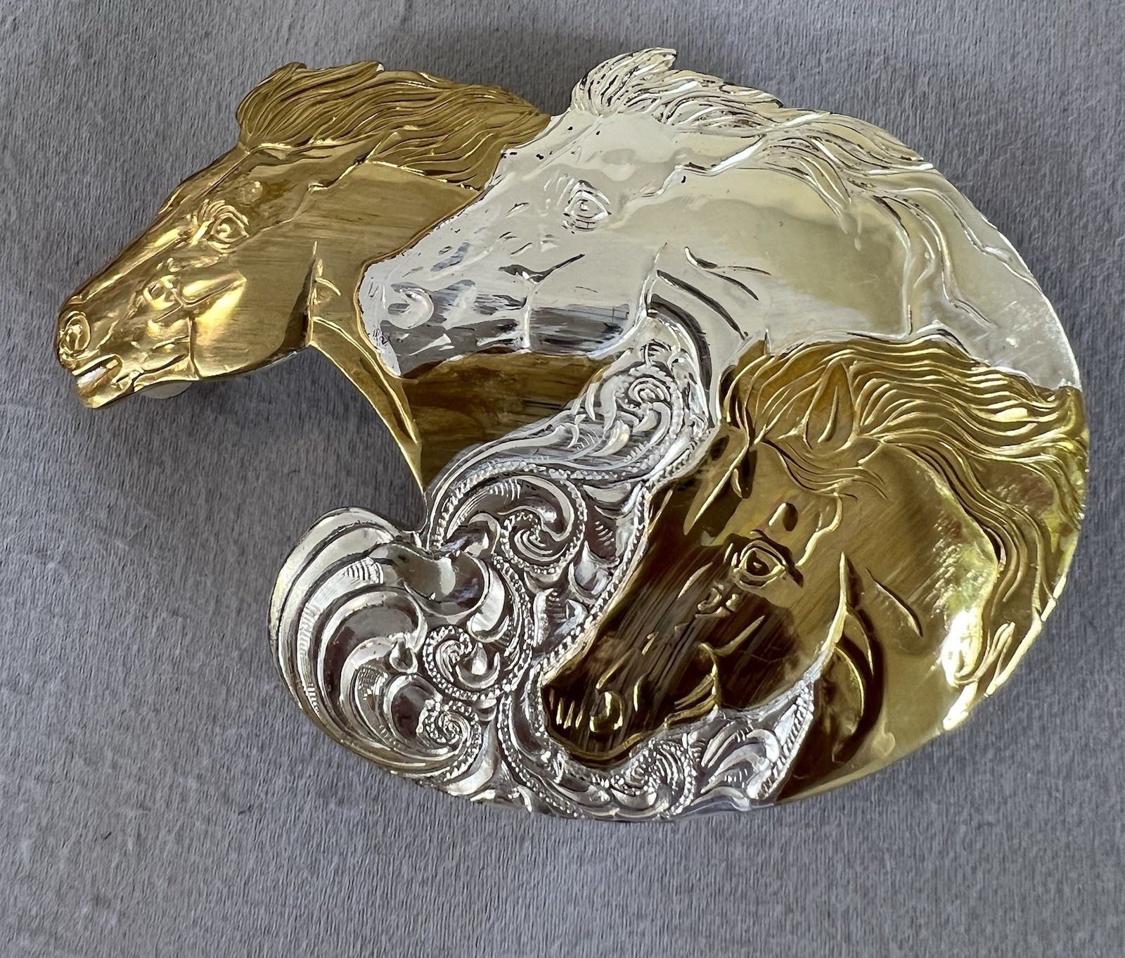 VTG Crumrine 50 YEARS Western Belt Buckle Three Horse Silver Plate on Bronze