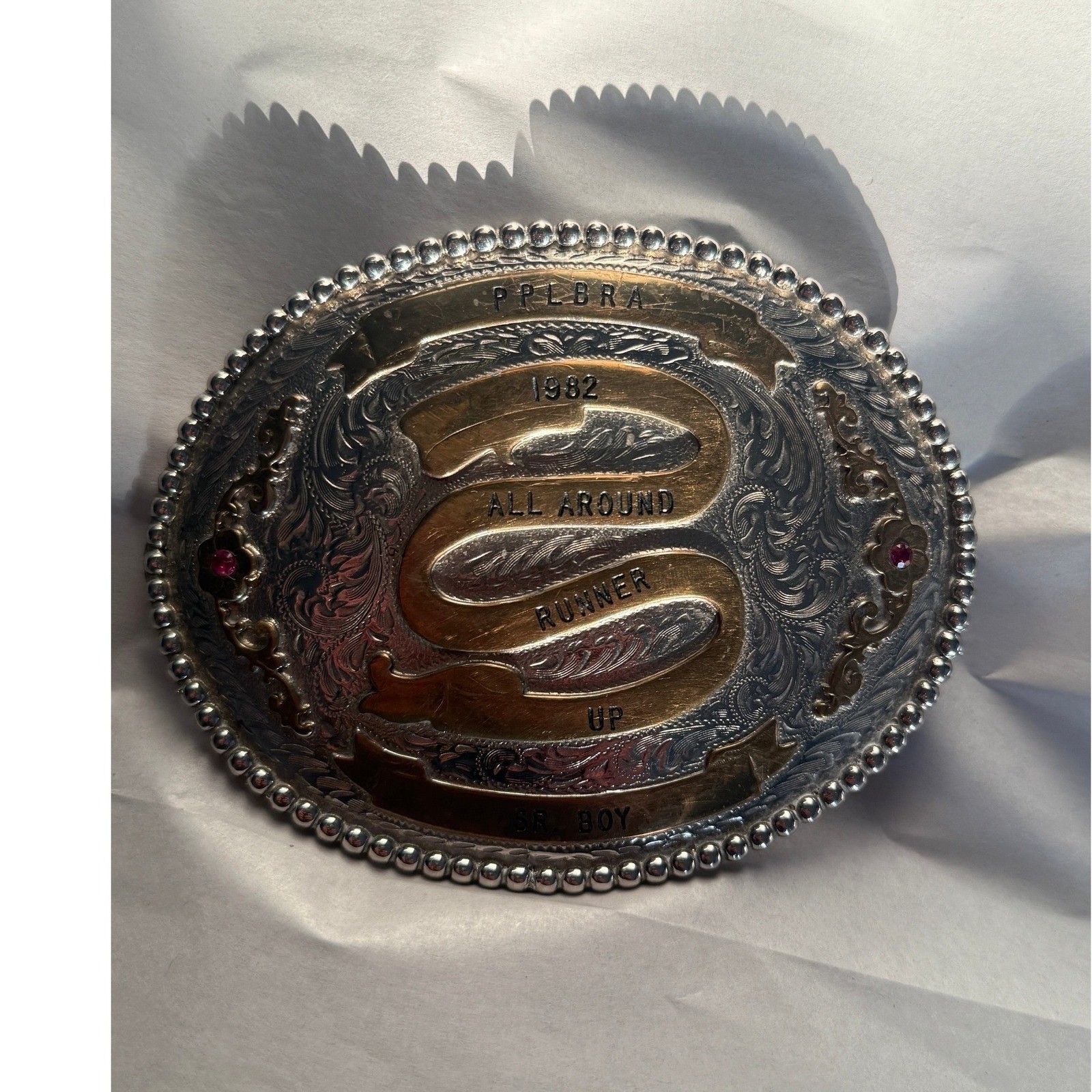 Vintage 1982 PPLBRA All Around Runner Up Sr. Boy Belt Buckle Rodeo Western Ruby