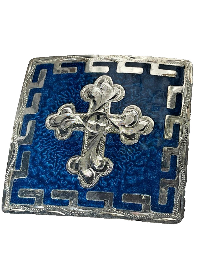 Western Mens Belt Buckle 3.25 x 3 in Southern Cross Cowboy Blue Silver 1.5