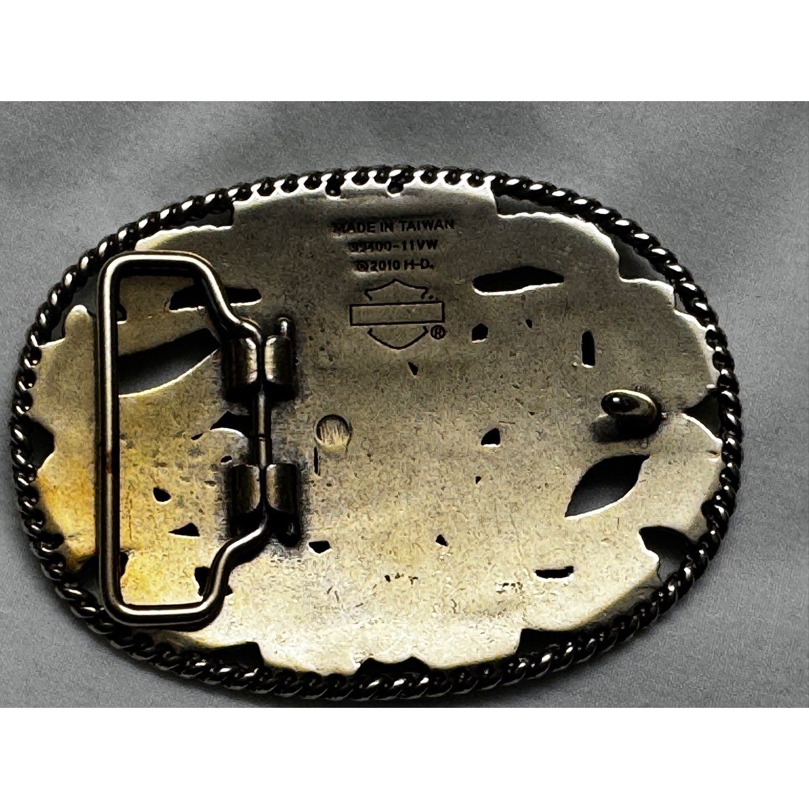 Harley Davidson Belt Buckle Silver Tone Filigree Rhinestone Biker Oval Scroll