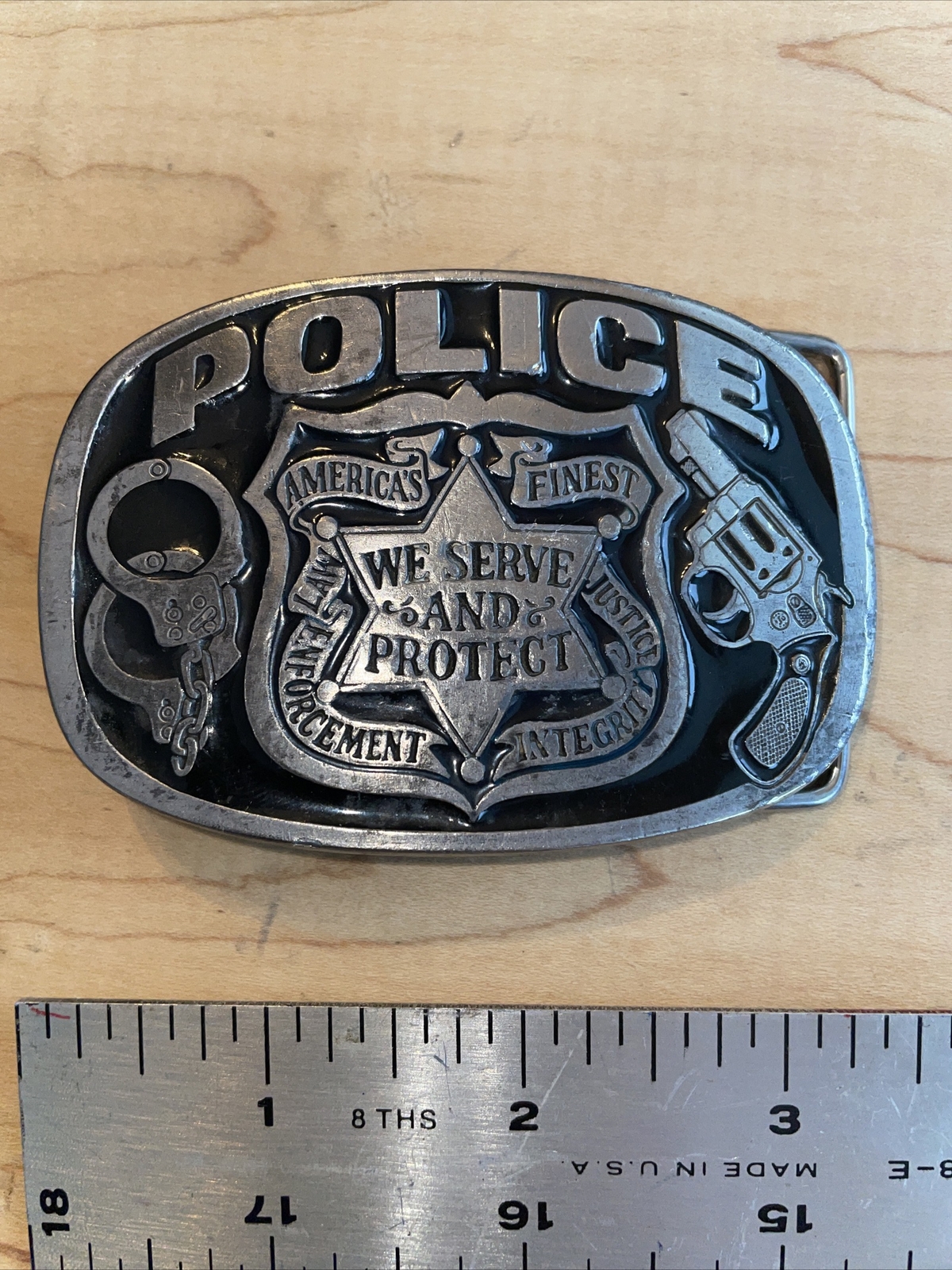 Police America Finest Law Enforcement We Serve and Protect Belt Buckle 1988 USA