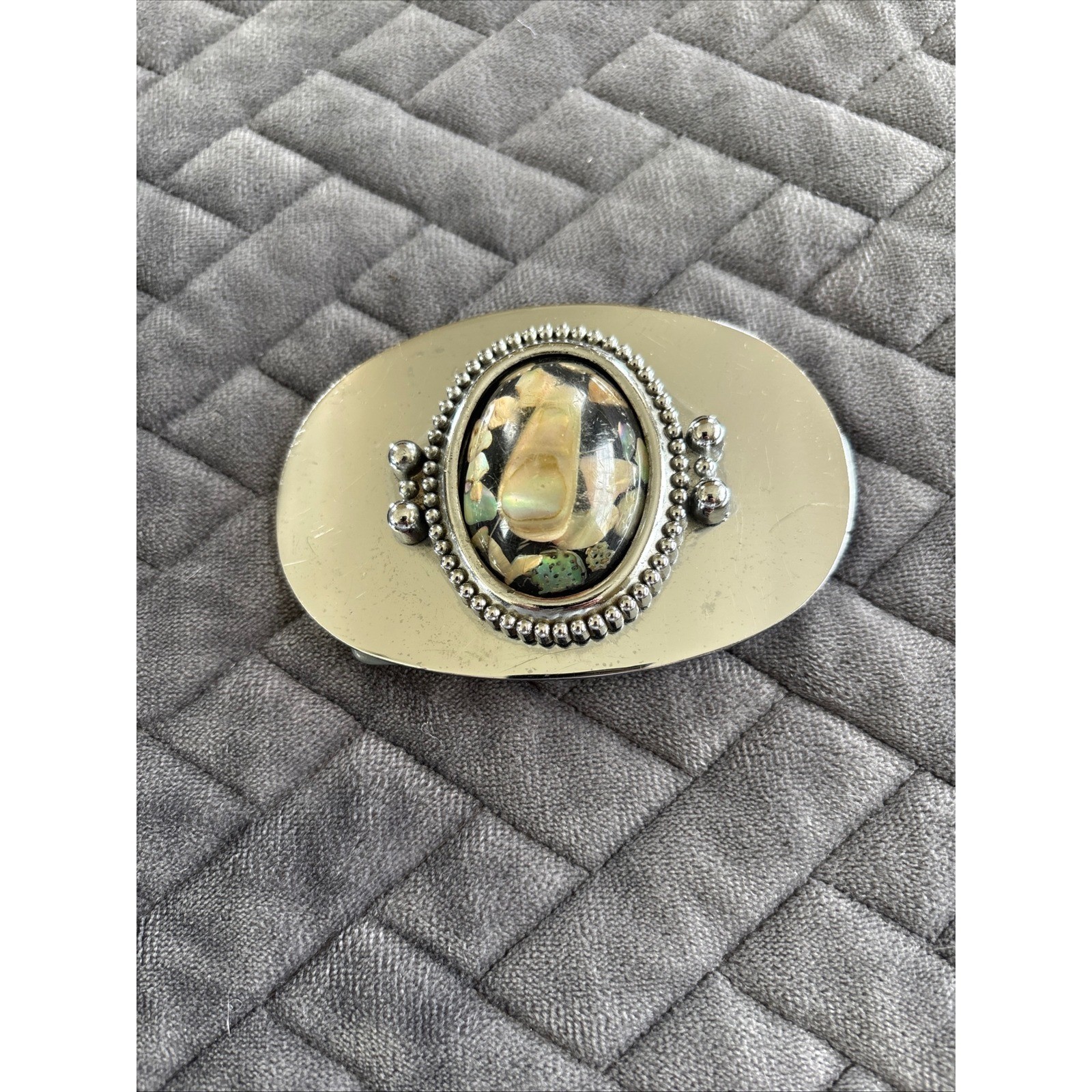 Vintage Silver Tone Abalone Shell Inlay Oval Belt Buckle Western Boho Iridescent