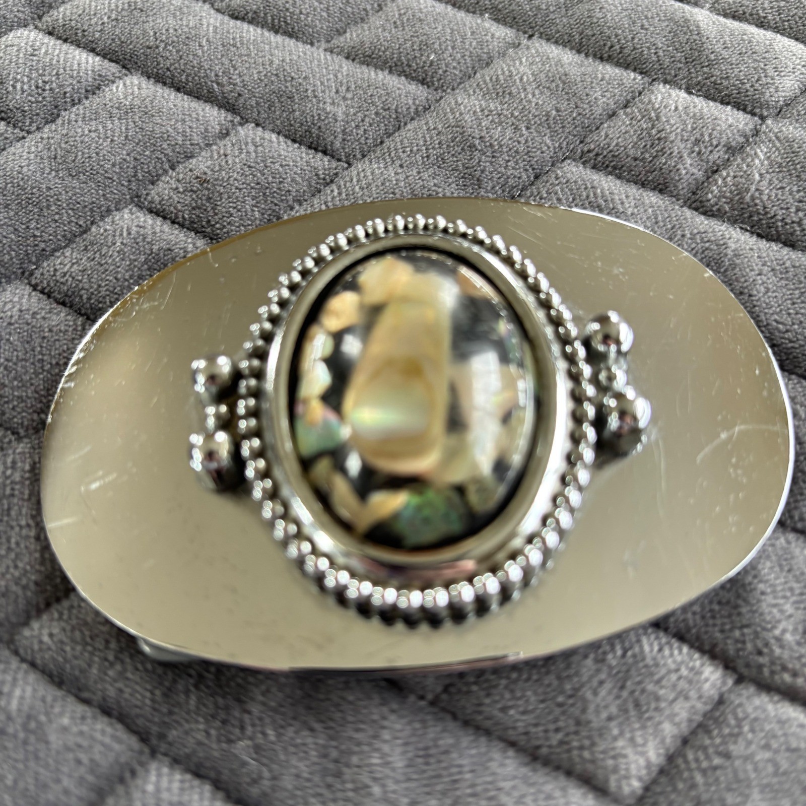 Vintage Silver Tone Abalone Shell Inlay Oval Belt Buckle Western Boho Iridescent