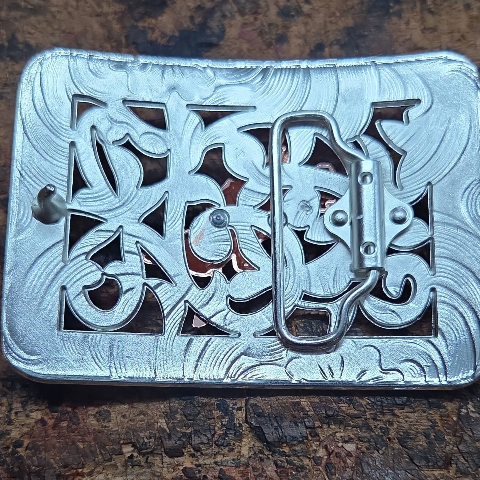 Western Metal Belt Buckle Bull Rider Scroll Engraved Silver Copper Tone 1.5in