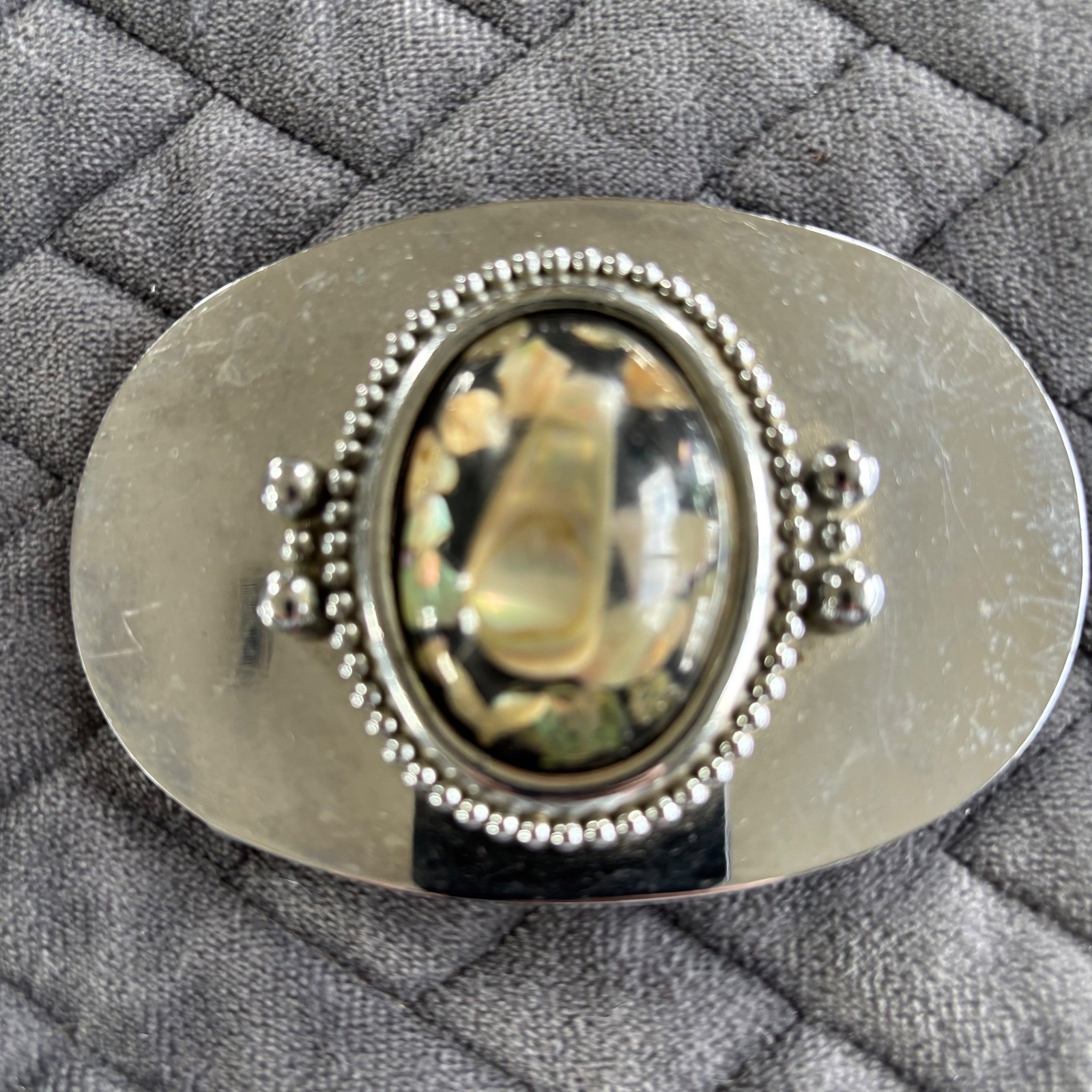 Vintage Silver Tone Abalone Shell Inlay Oval Belt Buckle Western Boho Iridescent