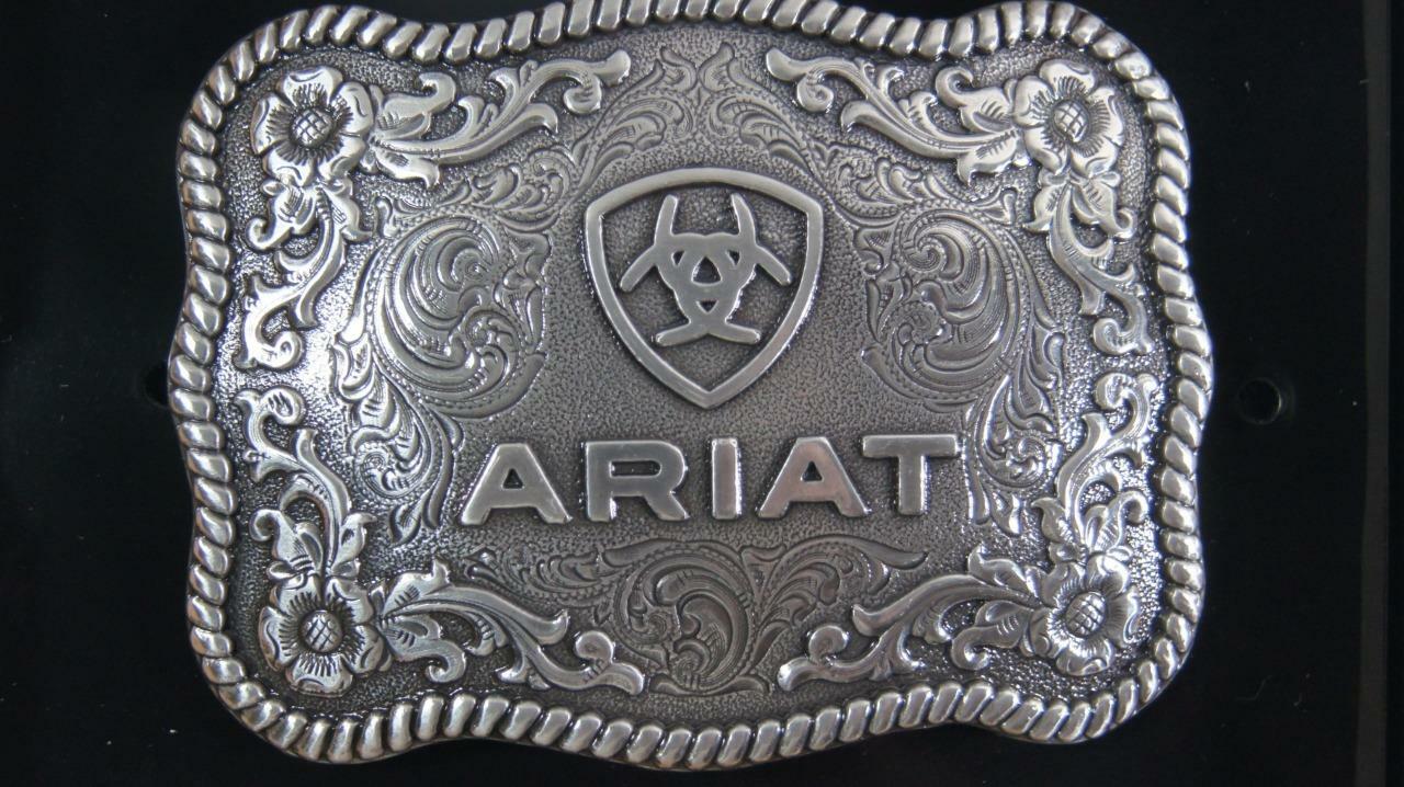 Ariat Western Belt Buckle Scalloped Logo Rectangular Silver Tone A37006