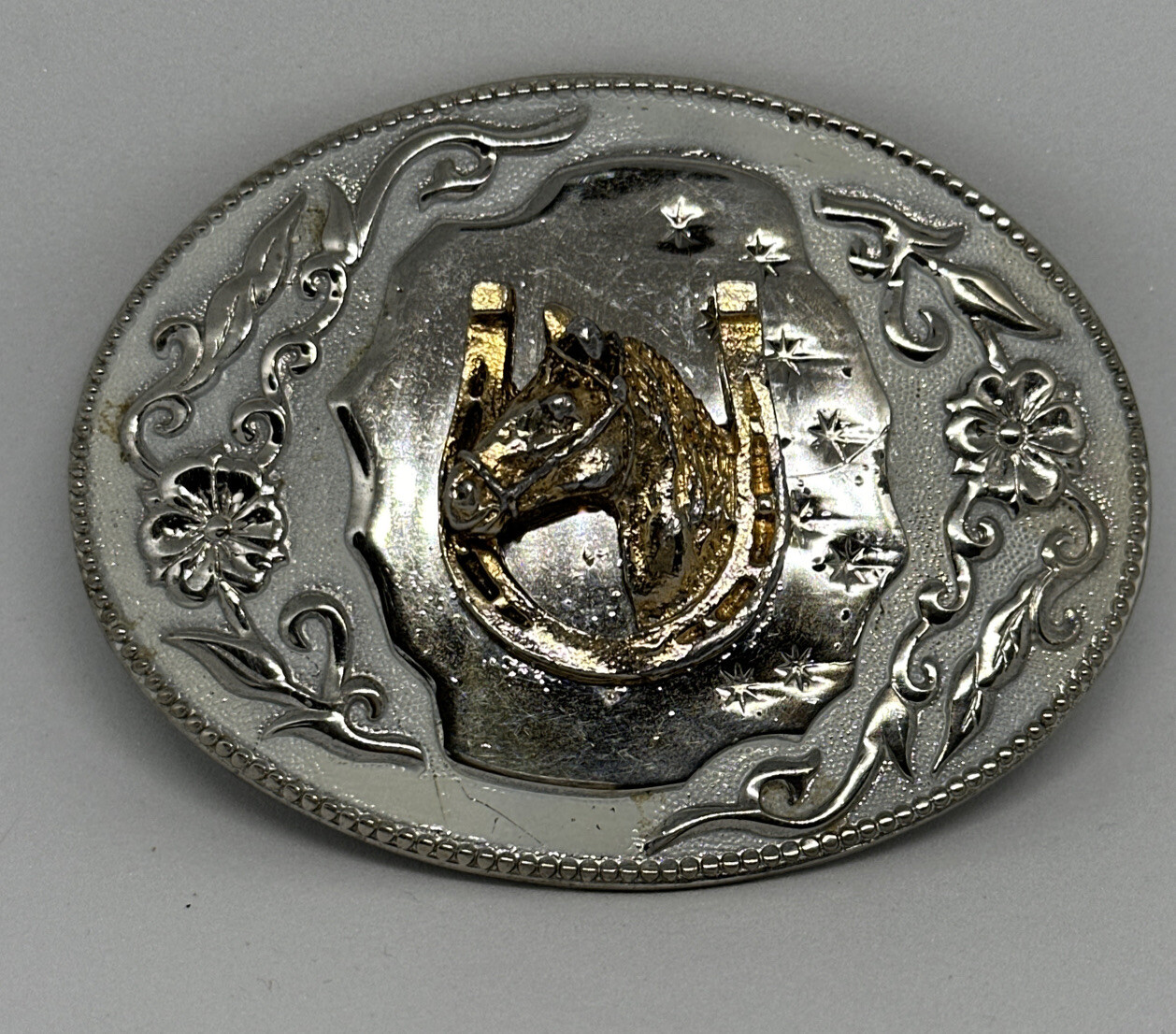 Vintage Horse Head In Horseshoe Western Belt Buckle Hibiscus Amapola FlowerVine