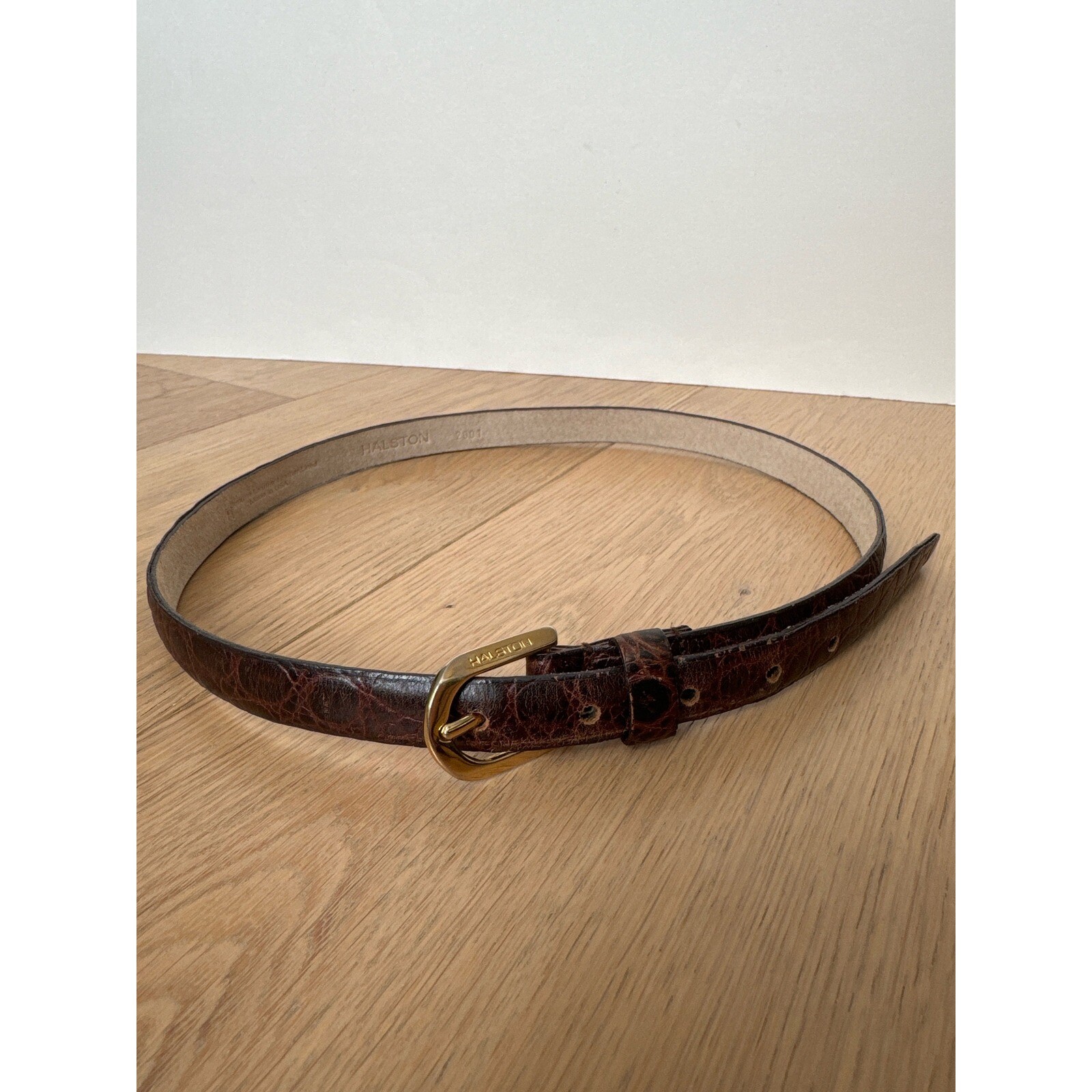HALSTON brown leather belt with solid brass gold tone buckle