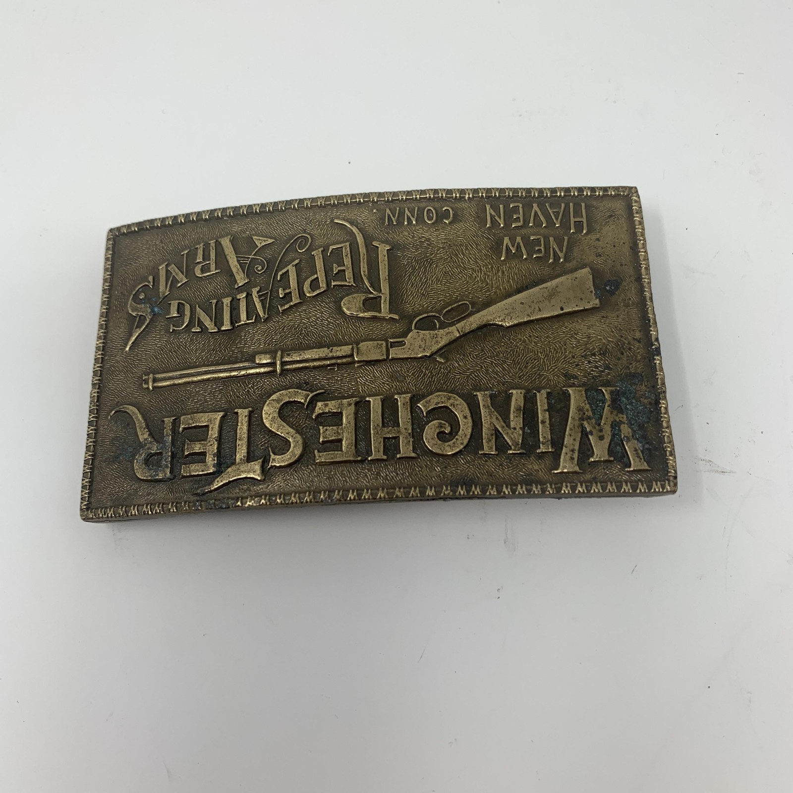 Vintage Winchester Repeating Arms Brass Belt Buckle Rifle New Haven CT Western