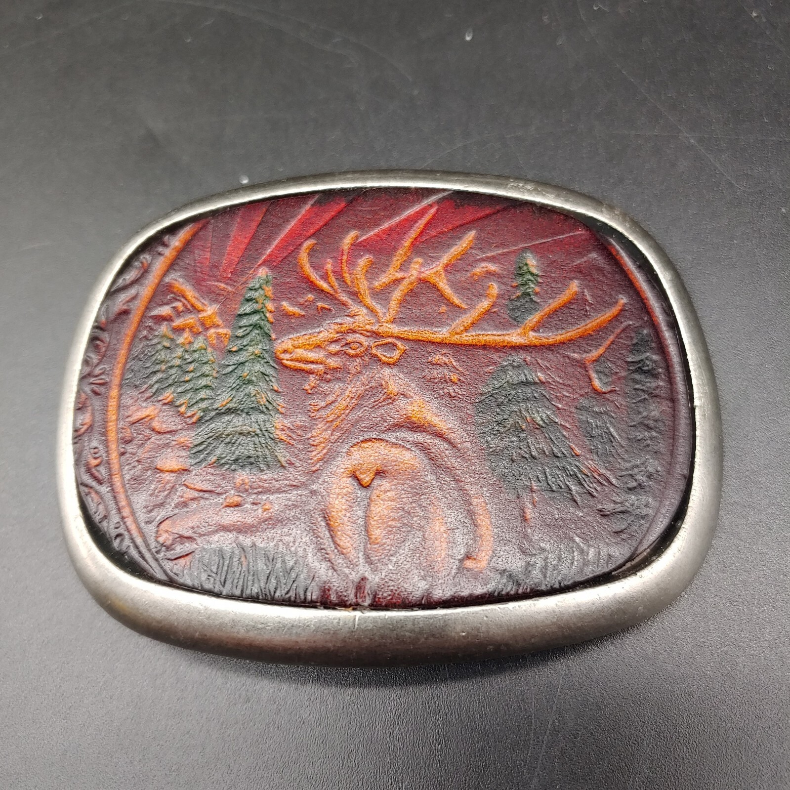 Tooled Leather Wildlife Elk in Metal Belt Buckle