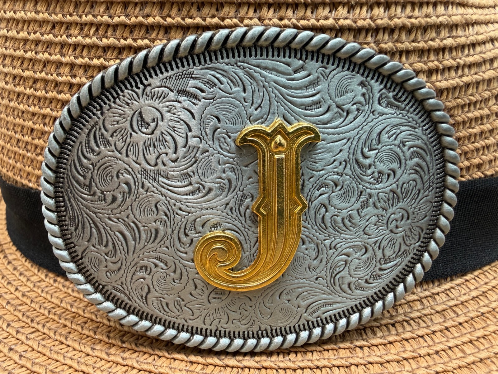 Western Cowboy Antique Engraved Initial J Rope Edge Oval Belt Buckle