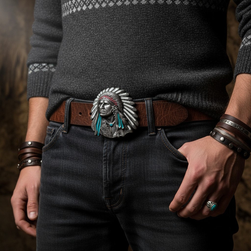 Men Silver Metal Western Fashion Belt Buckle Cowboy Native American Indian Face