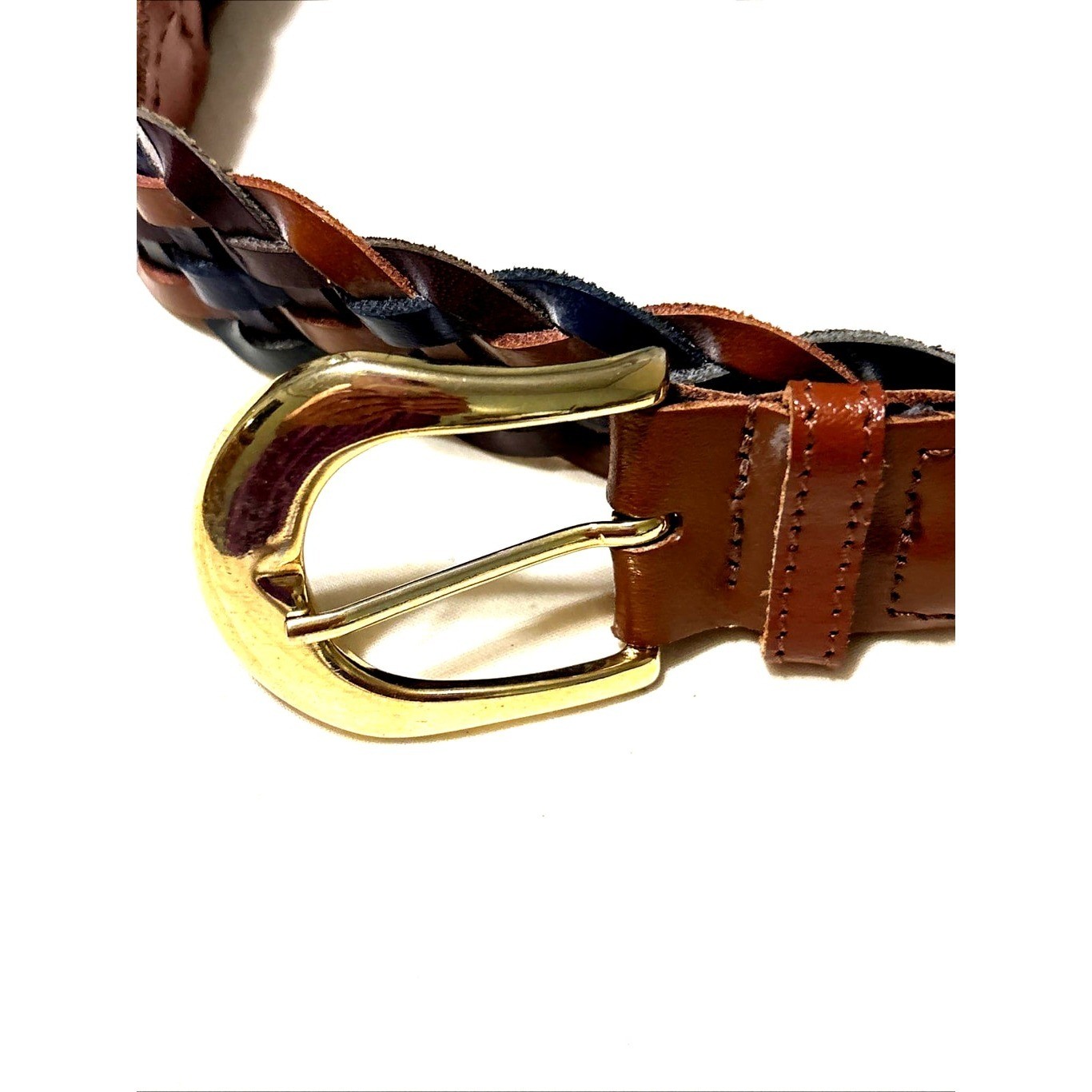 braided leather belt 1&Prime; brown/navy gold tone buckle XL (44&Prime;)