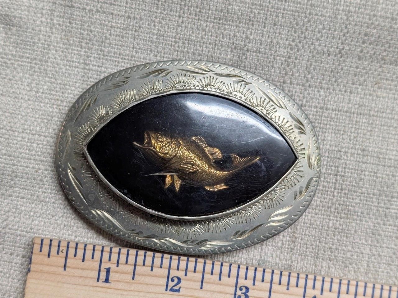 vintage HANDCRAFTED belt buckle FISHING western jewelry BASS german silver