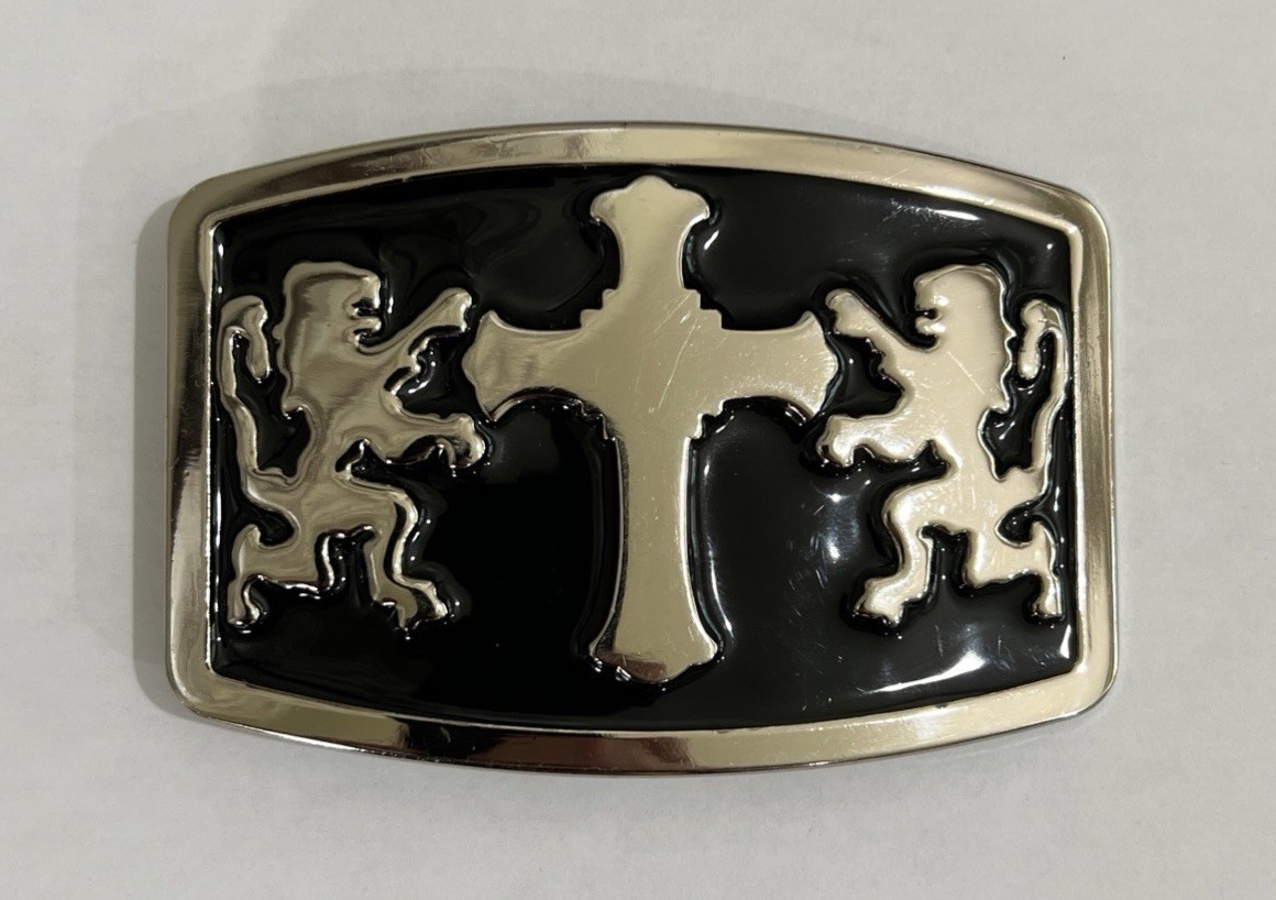 Mens Belt Buckle Black Silver With Double Lions and Cross 4×3” Vintage