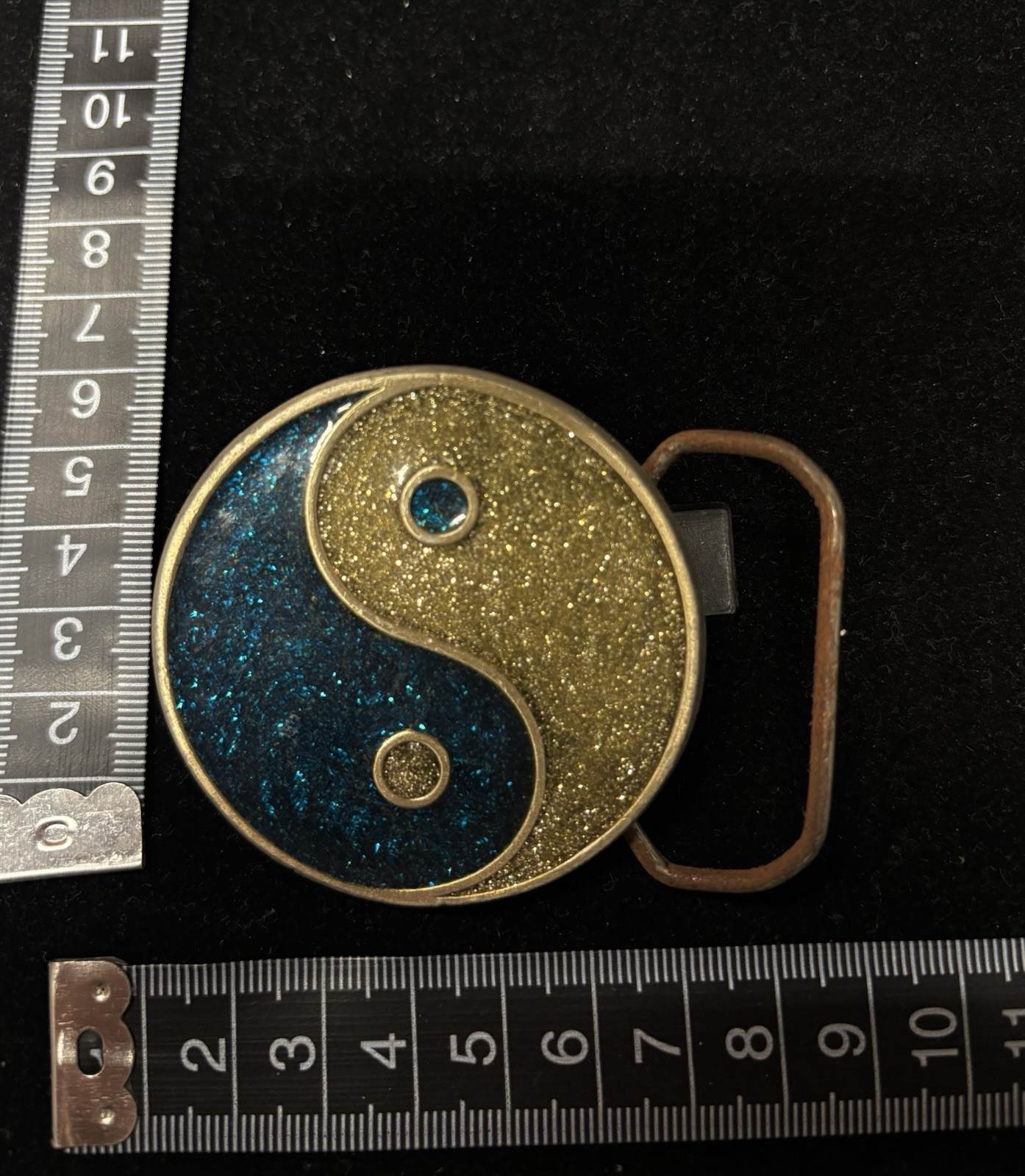 Vintage blue and gold yin-yang belt buckle shimmer glittery RARE