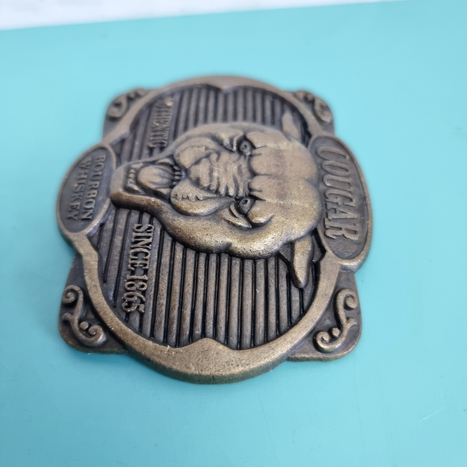 Cougar Bourbon Belt Buckle Whiskey Metal Alcohol Promo Vintage Antique Bronze