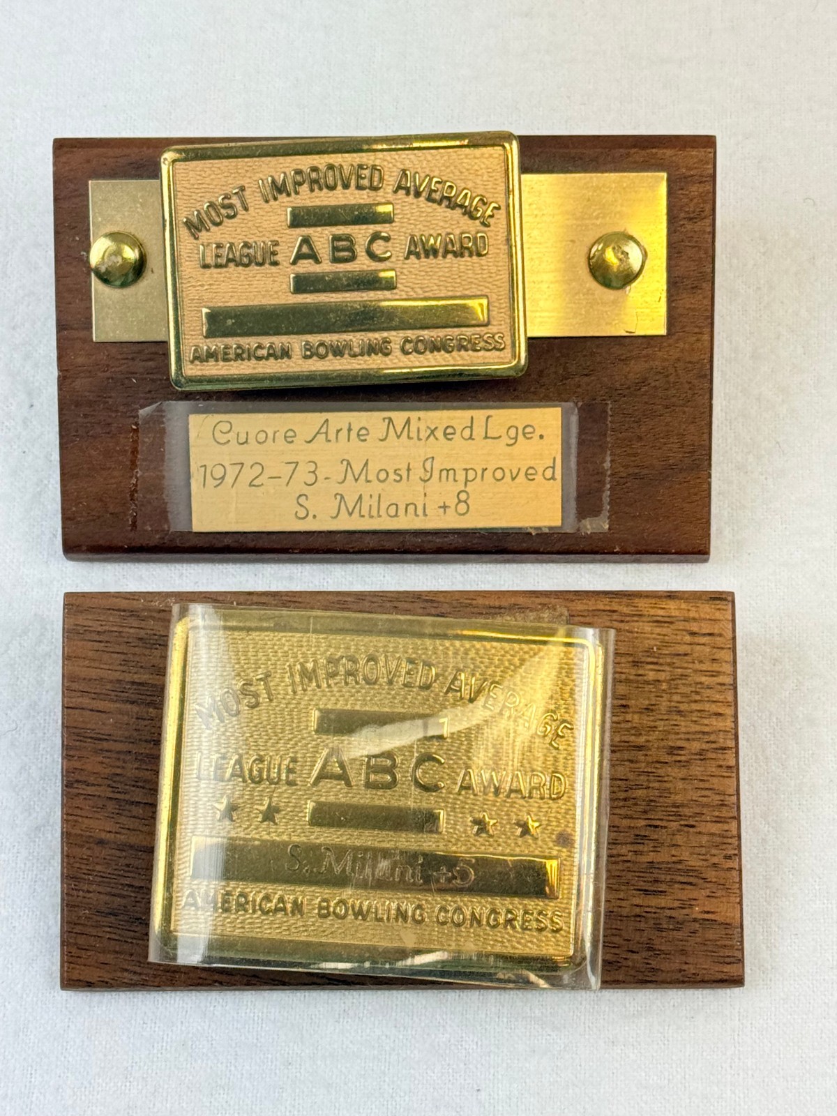 2 VINTAGE ABC AMERICAN BOWLING CONGRESS MOST IMPROVED AVERAGE BRASS BELT BUCKLE