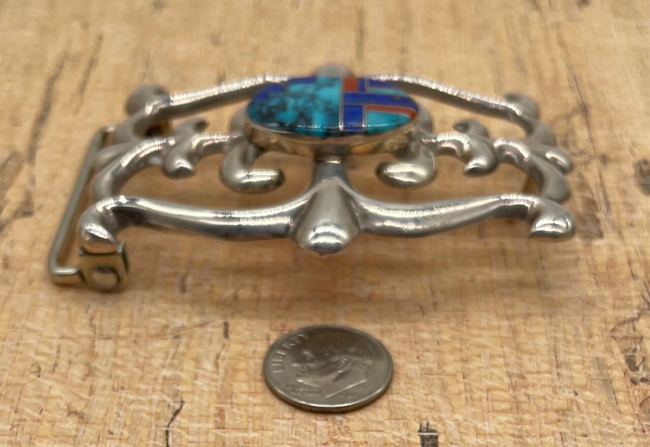 Sterling Silver Sand Cast Turquoise Belt Buckle by FL Begay (Navajo) 53g