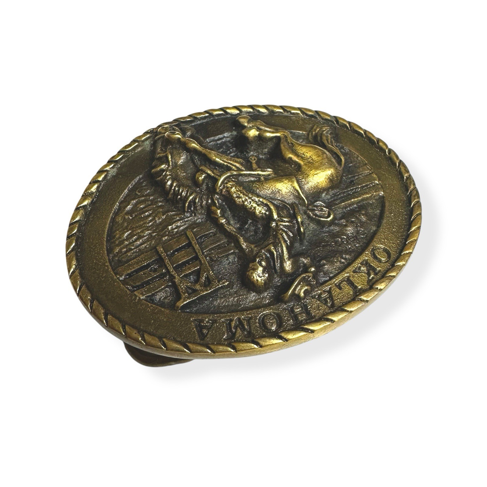 VTG 1980 Brass All Around Cowboy Oklahoma Western Bucking Horse Belt Buckle 3.5”