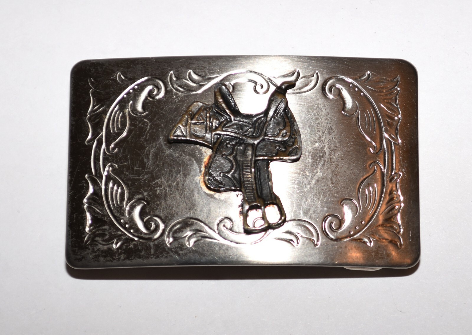 Vintage Western Saddle 3 Dimensional on Floral Silver Tone Belt Buckle USA