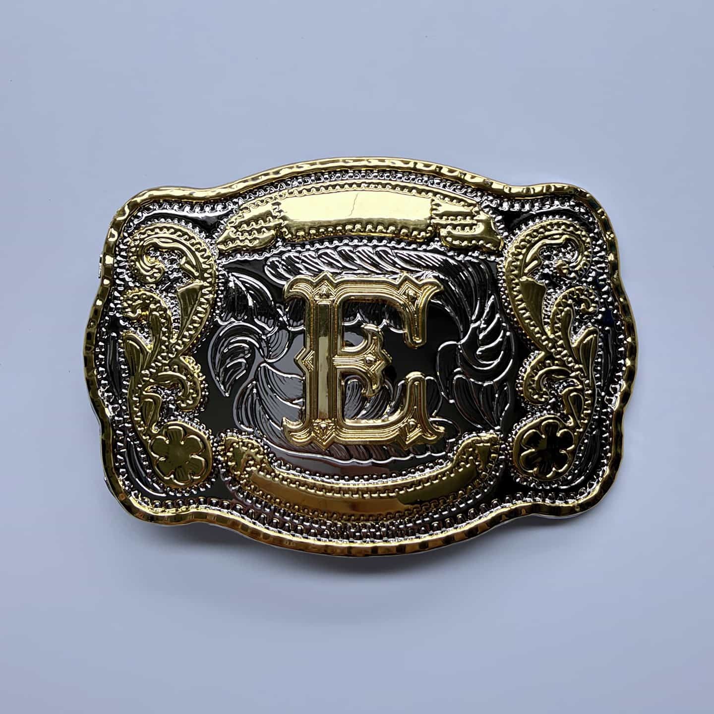 Bright Silver With Gold Initial Letter A-Z Cowboy Cowgirl Rectangle Belt Buckle
