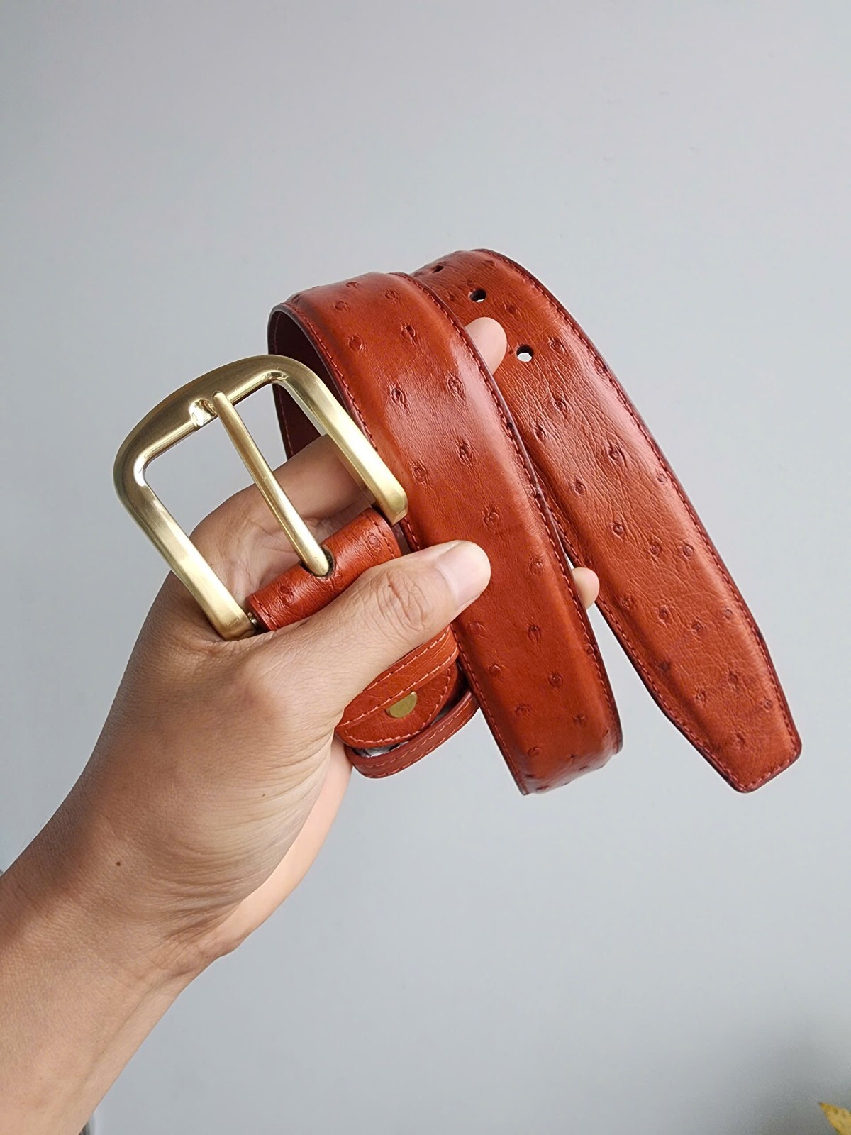 3.8CM Brown 100% Genuine Body Ostrich Leather Skin Men Belt Buckle- Handmade
