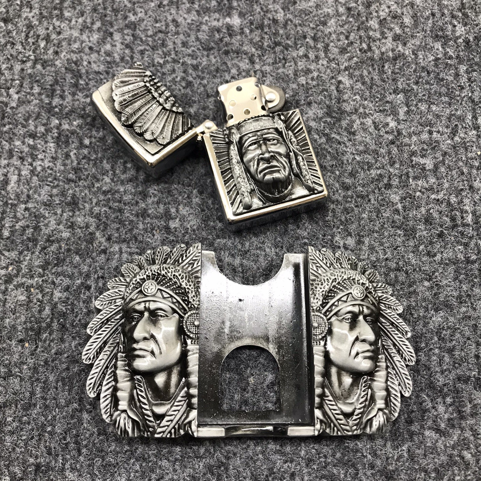 Antique Brushed Indian Chief Head Belt Buckle with Lighter, Stock in US