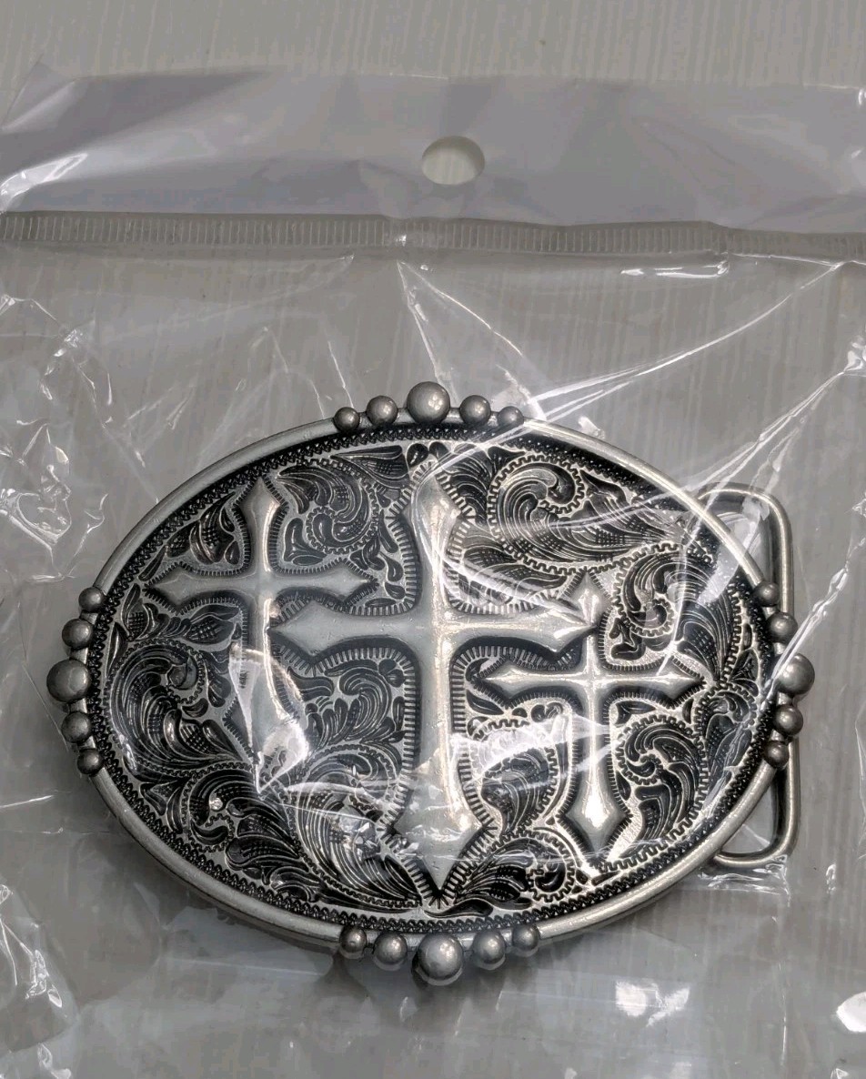 Triple cross zinc alloy belt buckle religious 3.54 in X 2.72 in. western gothic