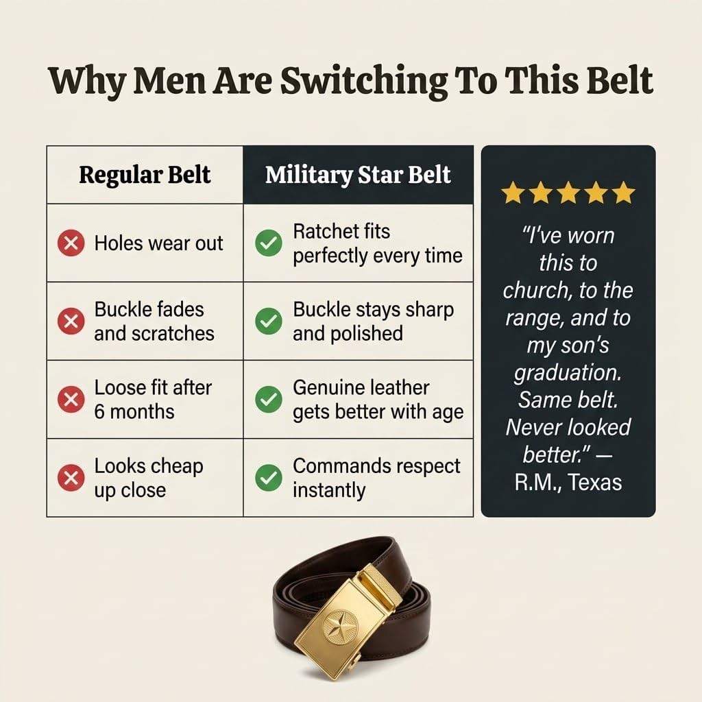 Men&rsquo;s Full-Grain Leather Ratchet Belt Brown with Military Star 28&Prime;–44&Prime;,