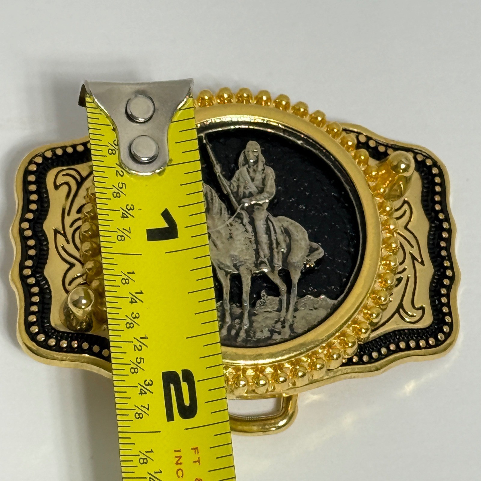 Western Cowboy Native American Horse Rider Belt Buckle Gold Tone Made USA