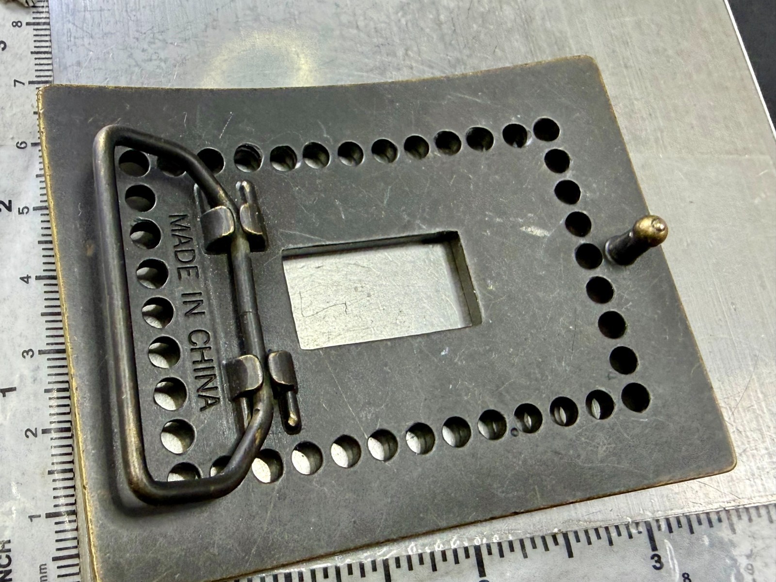 Rectangular Openwork Unique Hole Border Outlined Retro Brass Tone Belt Buckle
