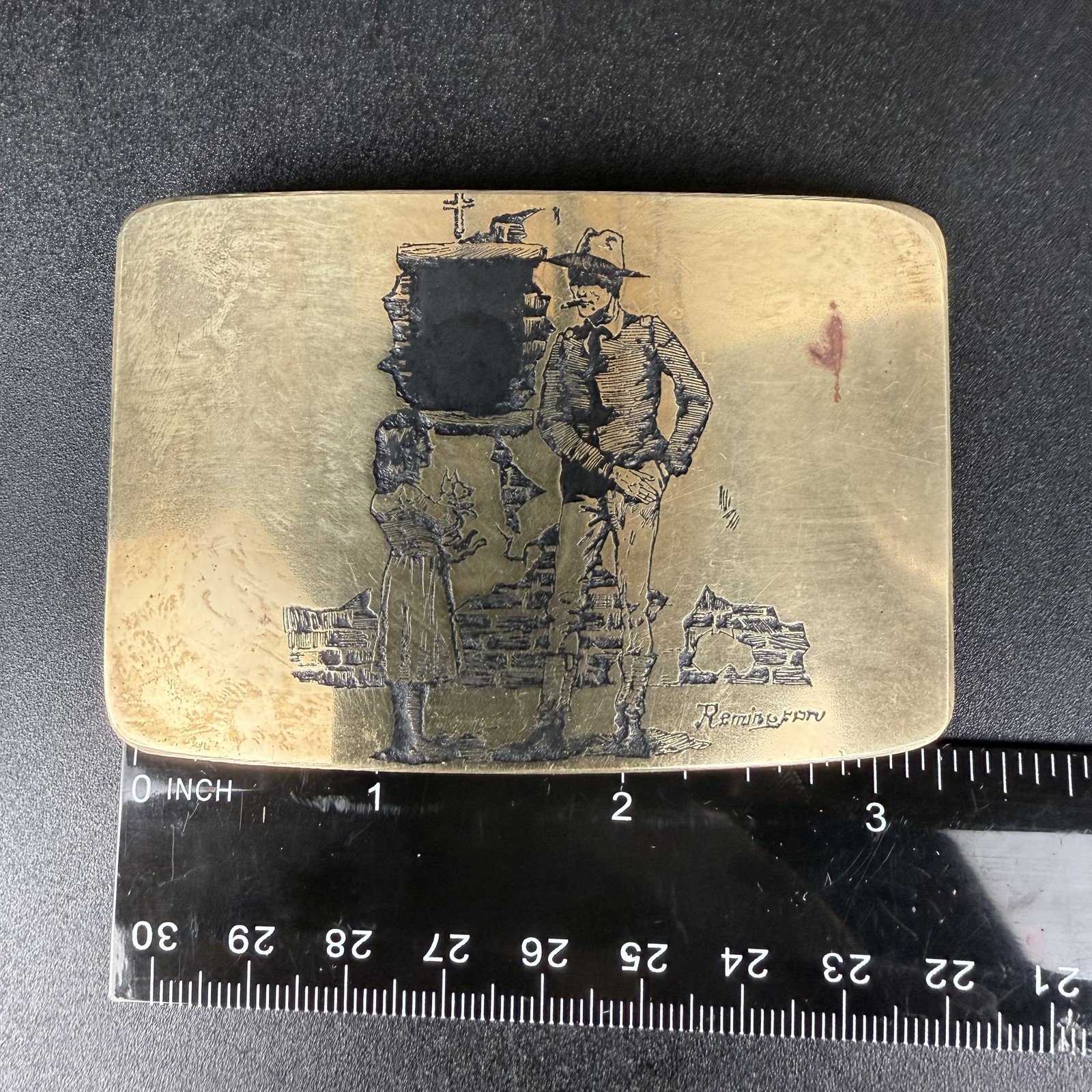 Vtg Remington Brass Belt Buckle Western Cowboy Ruins Girl Cat Etched Signed