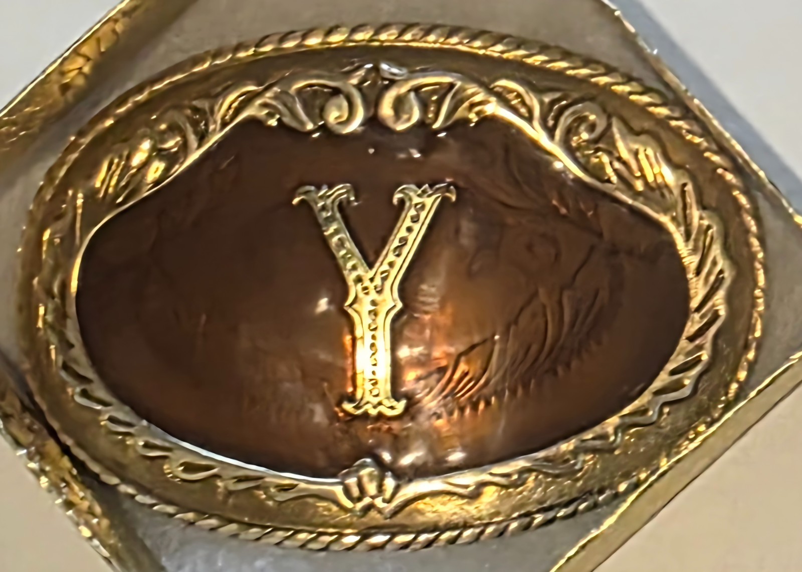Vintage Metal Belt Buckle, Brass and Enamel, Letter Y, Initial Y, Nice German