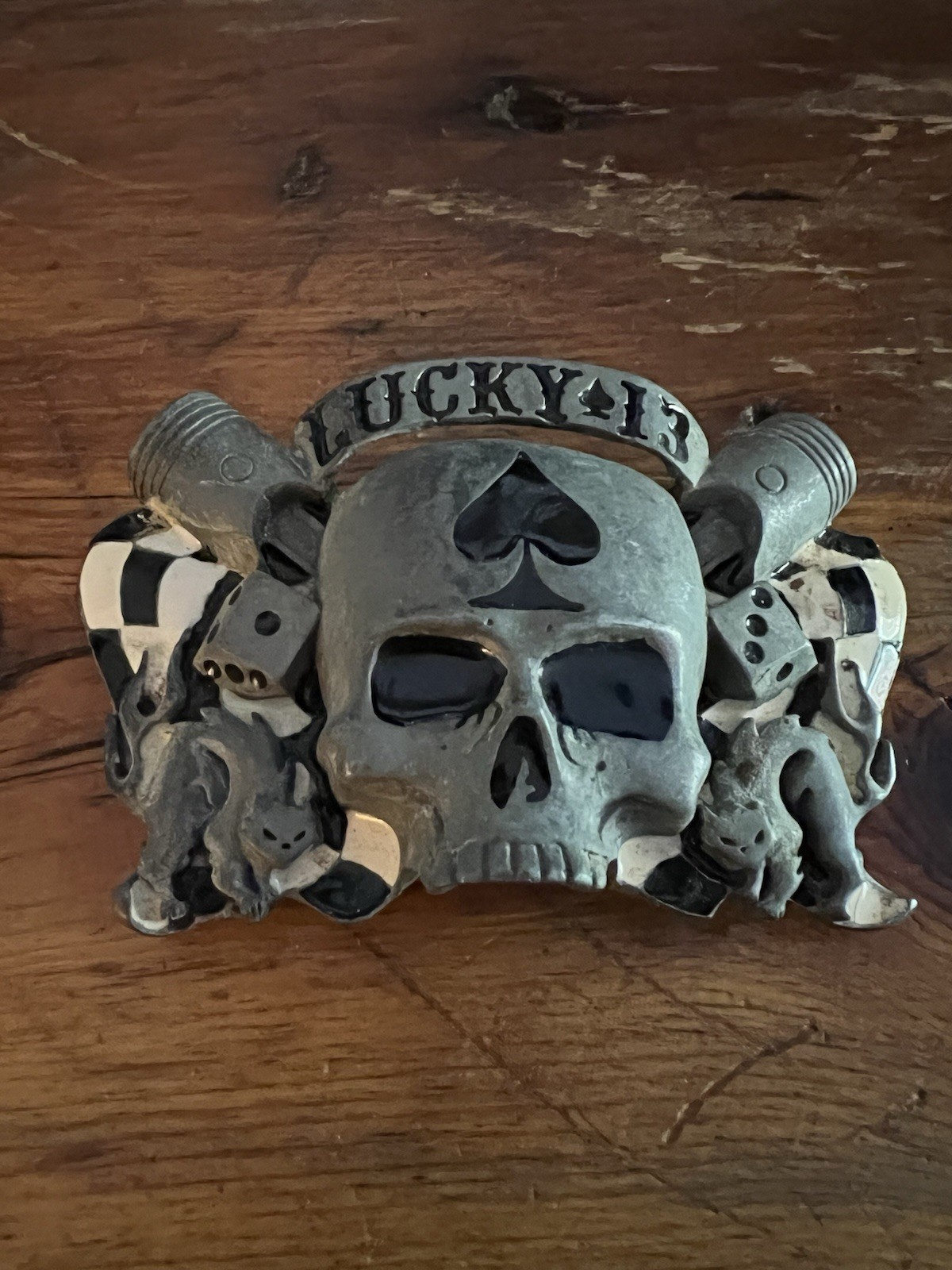 Lucky 13 Apparel Skull Zippo Lighter Holder Belt Buckle 2003 W/ A Lighter BOLD