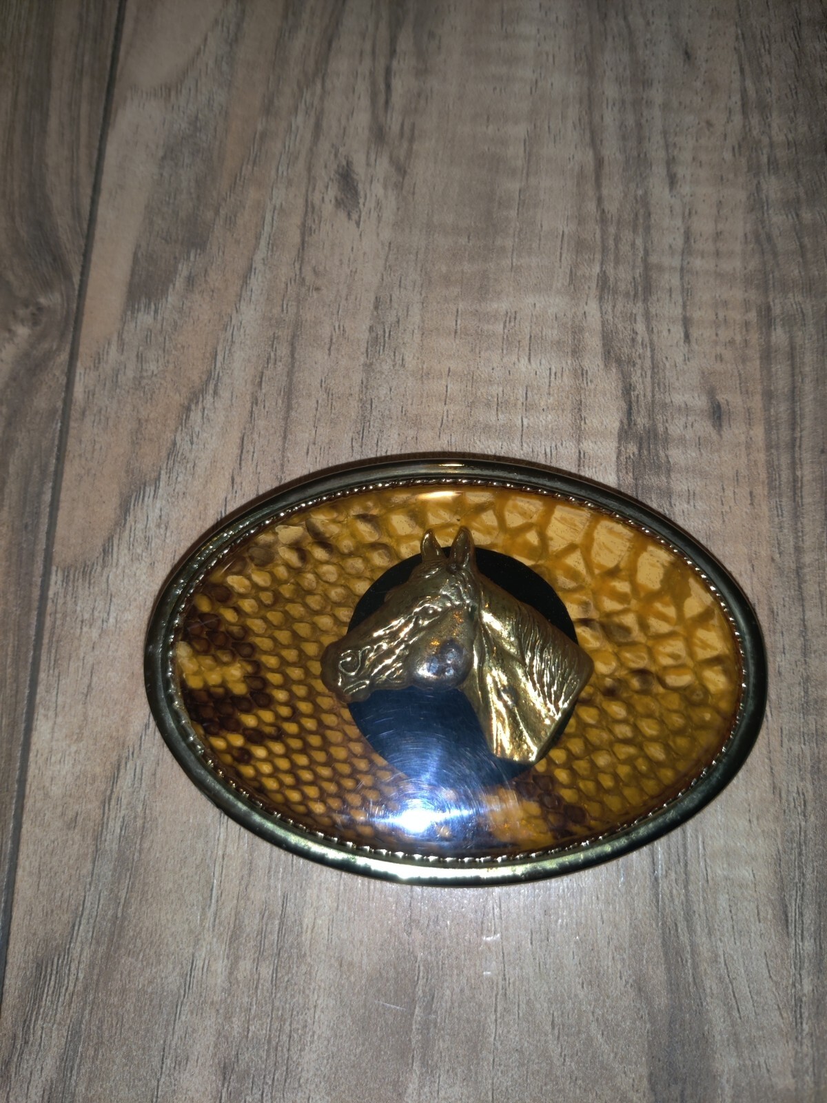 Beaver Buckle Co Handcrafted Gold Toned Horse Equine Resin Belt Buckle USA