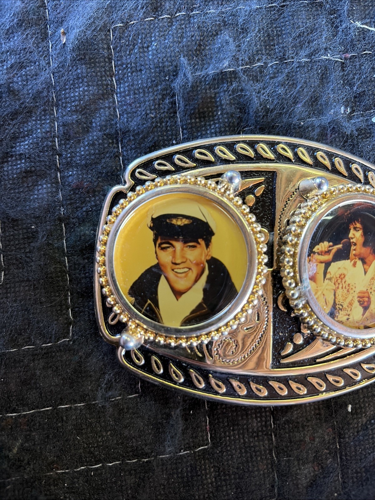 Vintage 1980’S Elvis Presley Belt Buckle Metal Filligree with Photo Made in USA