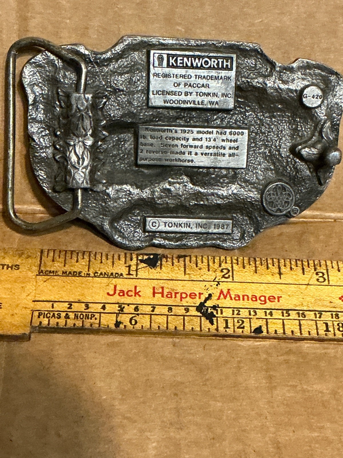 Used Metal Alloy 1925 Kenworth 6000 Truck 1987 Tonkin Inc. Belt Buckle