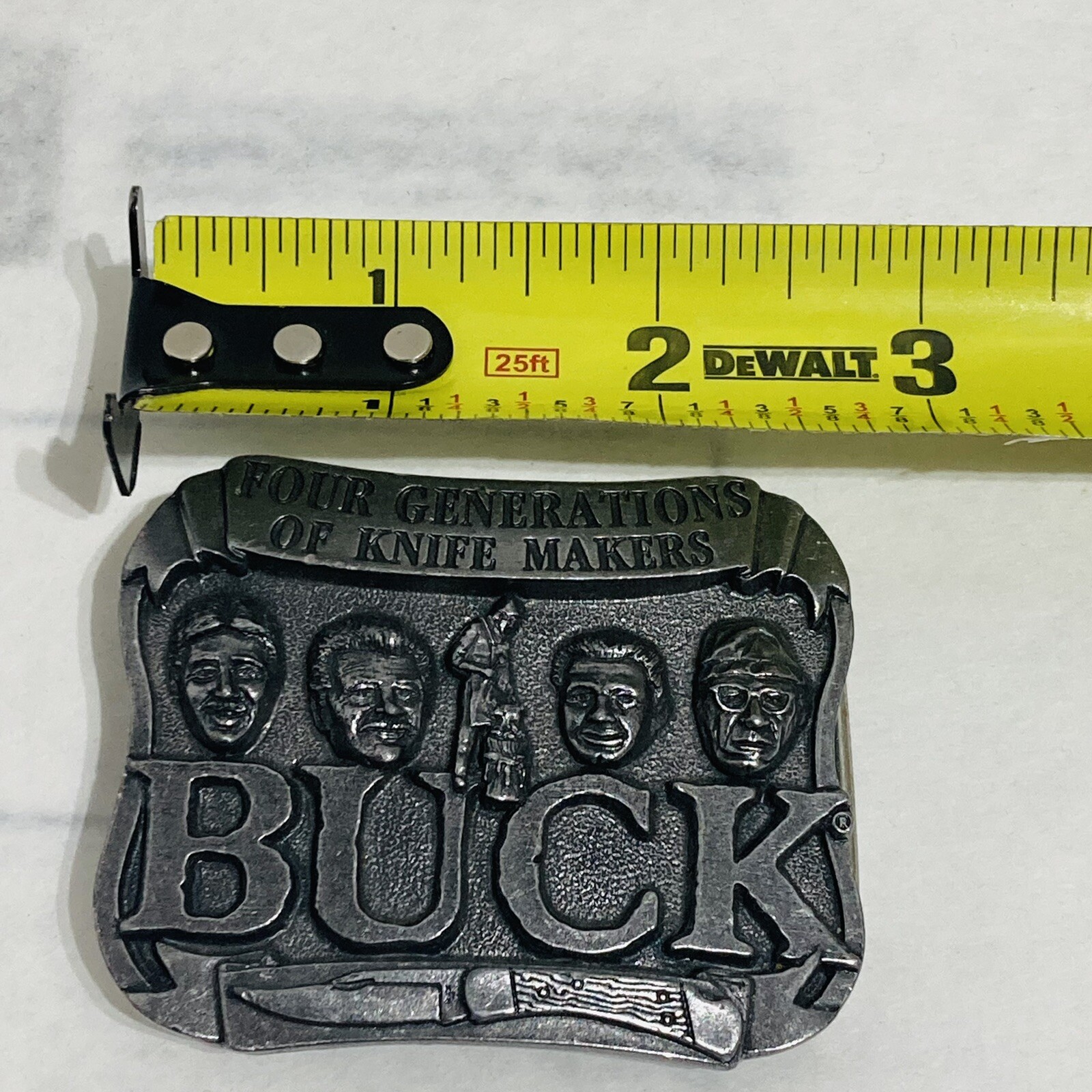 Vintage Pewter Embossed BUCK KNIVES Four Generations Knife Makers Belt Buckle