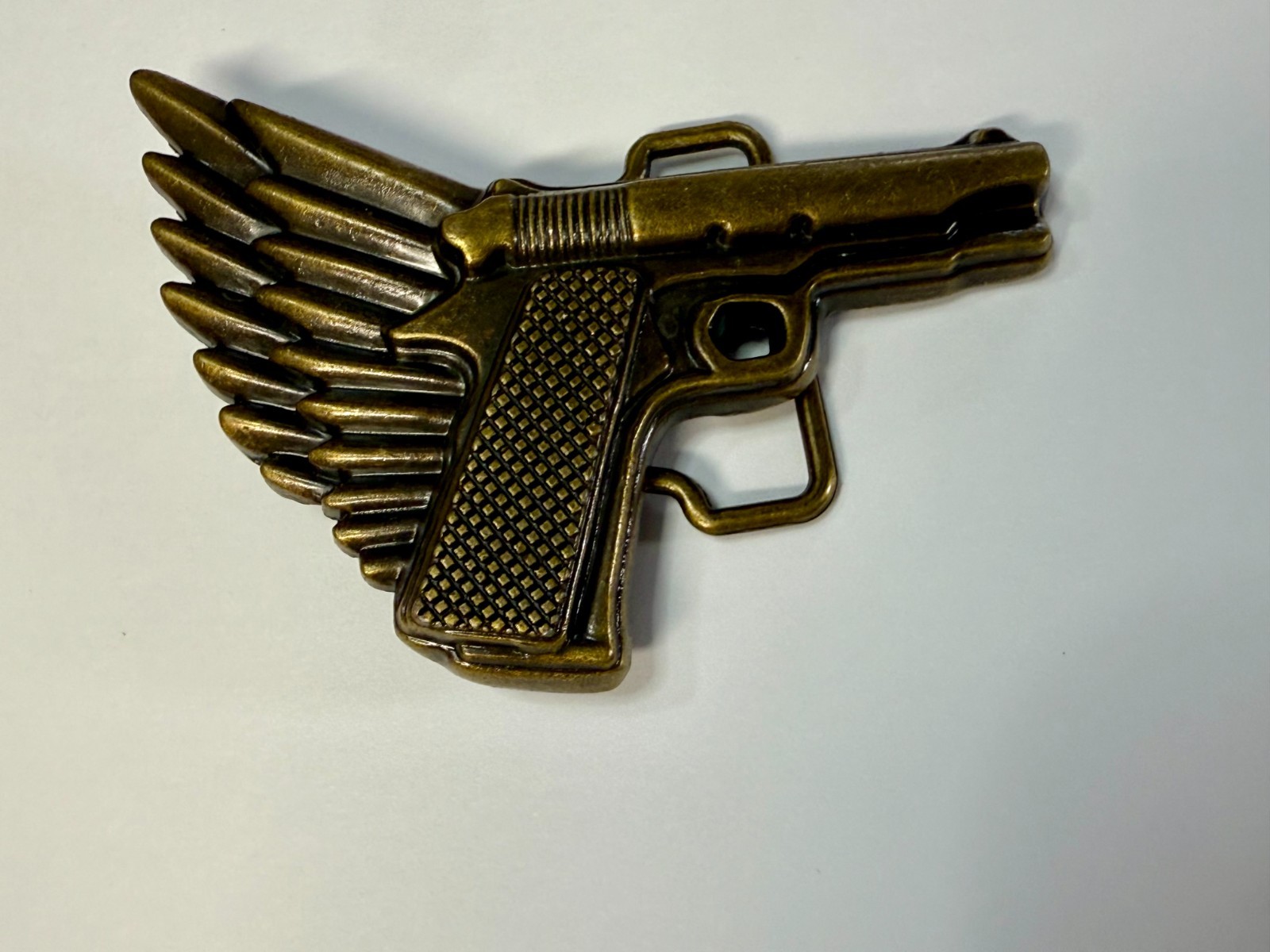 Winged Gun Flying Pistol Handgun Figural Cutout Brass Tone 4&Prime; Wide Belt Buckle