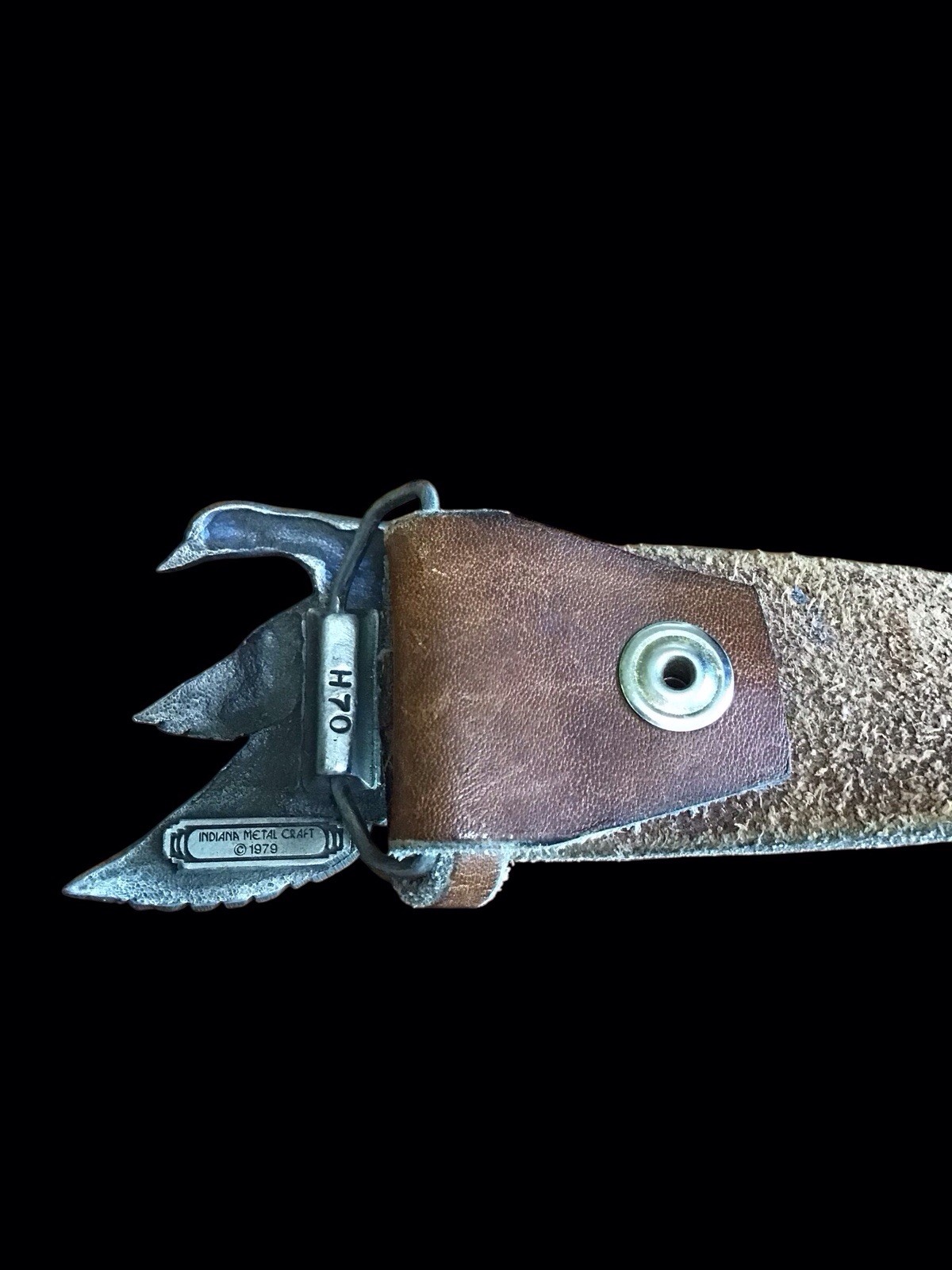 Vintage INDIANA METAL CRAFT Brass Belt Buckle Flying Duck ©1979 And Leather Belt