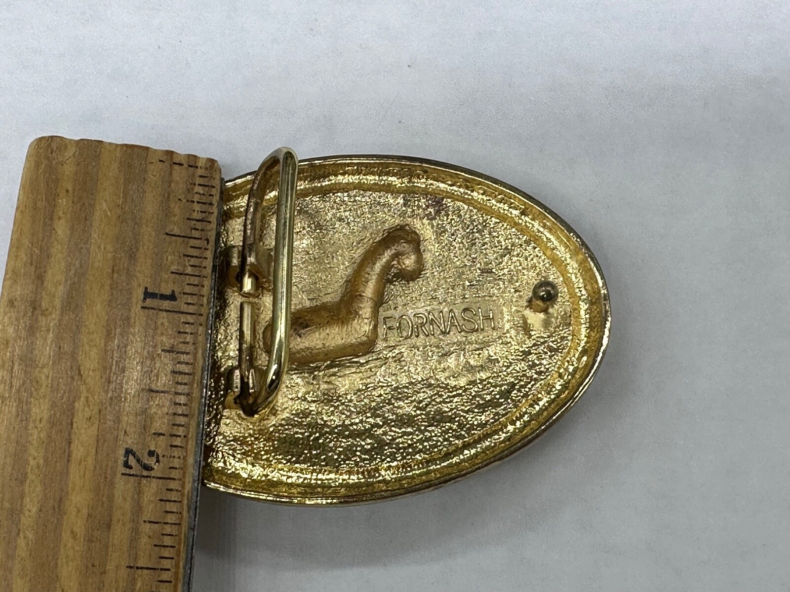 BELT BUCKLE GOLD TONE BLACK ENAMEL HORSE SIGNED FORNASH MEN WOMEN UNISEX