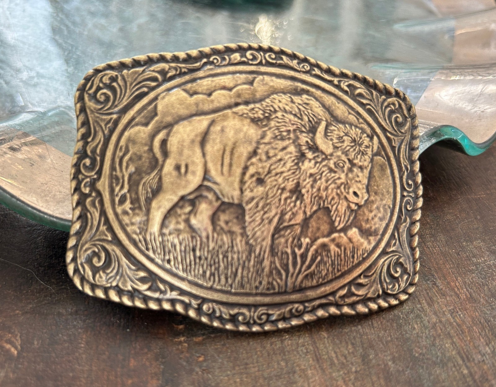 Brass Engraved Buffalo Belt Buckle Southwestern Cowboy Western Rodeo Style