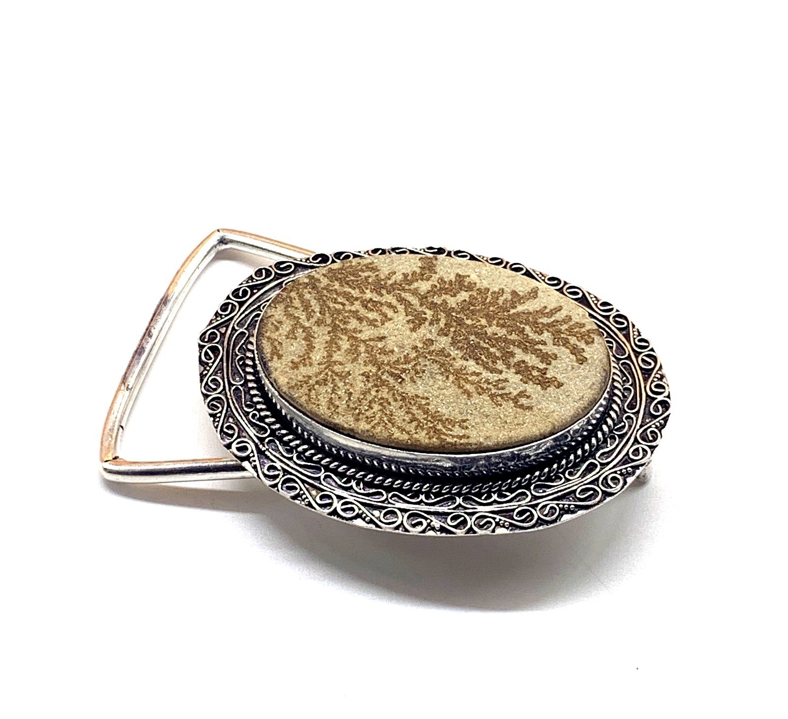Handcrafted 925 Sterling Silver Fossil Coral Dendrite Stone Oval Belt Buckle.