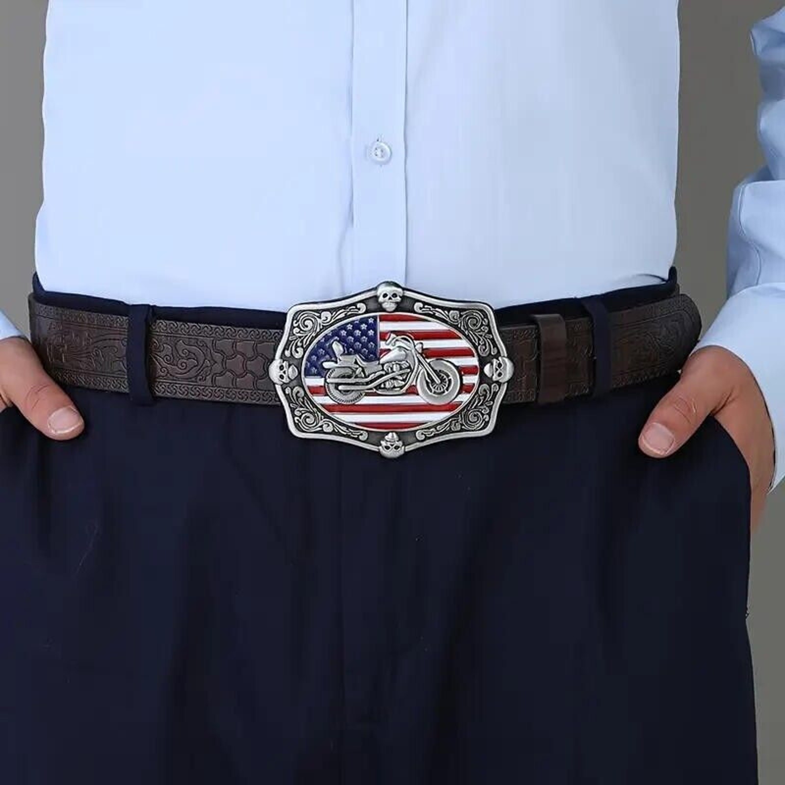 V-Twin Motorcycle & Skulls Belt Buckle •Red White Blue Enameled American Flag