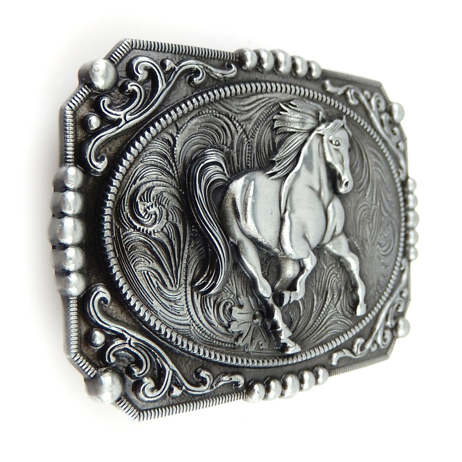 Unisex Western Horse Tooled Floral Belt Buckle Antique Silver Fits 1.5&Prime; Belts