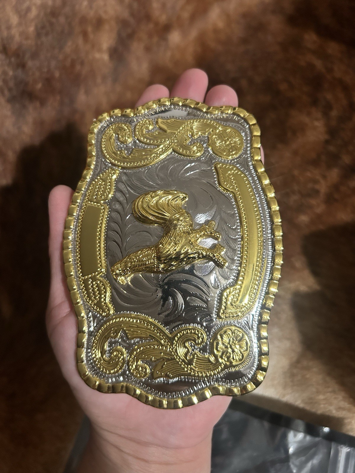 Western Horse Floral Rectangular Belt Buckle Silver/Gold Tone Metal 1.5in