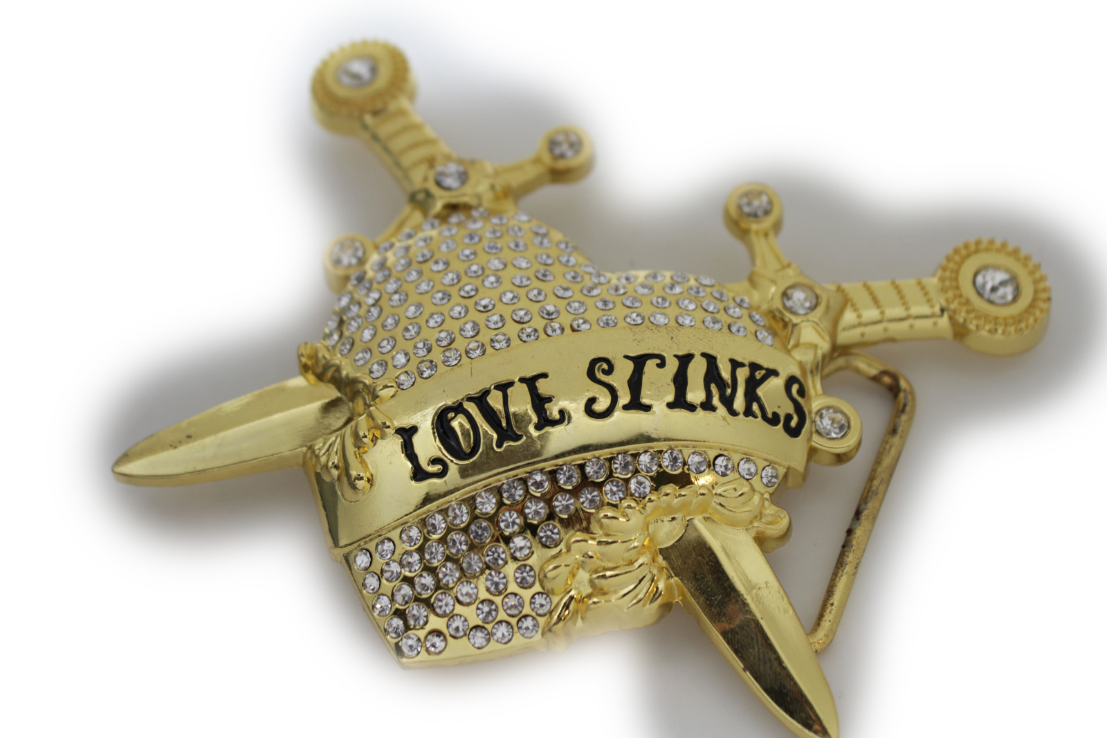 Men / Women Big Gold Metal Belt Buckle Heart Bling Silver Rhinestone Love Stinks