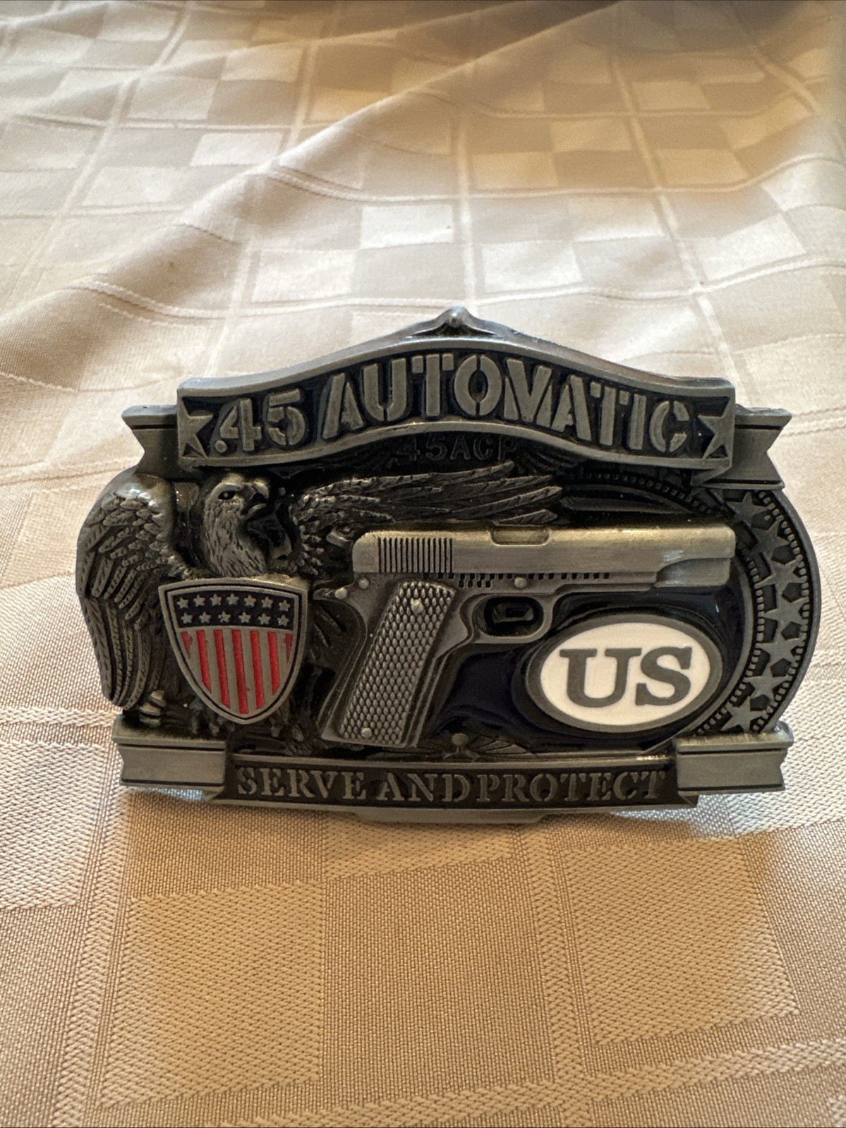 Metal Belt Buckle .45 Automatic Eagle US Shield Serve Protect 3D Silver Tone